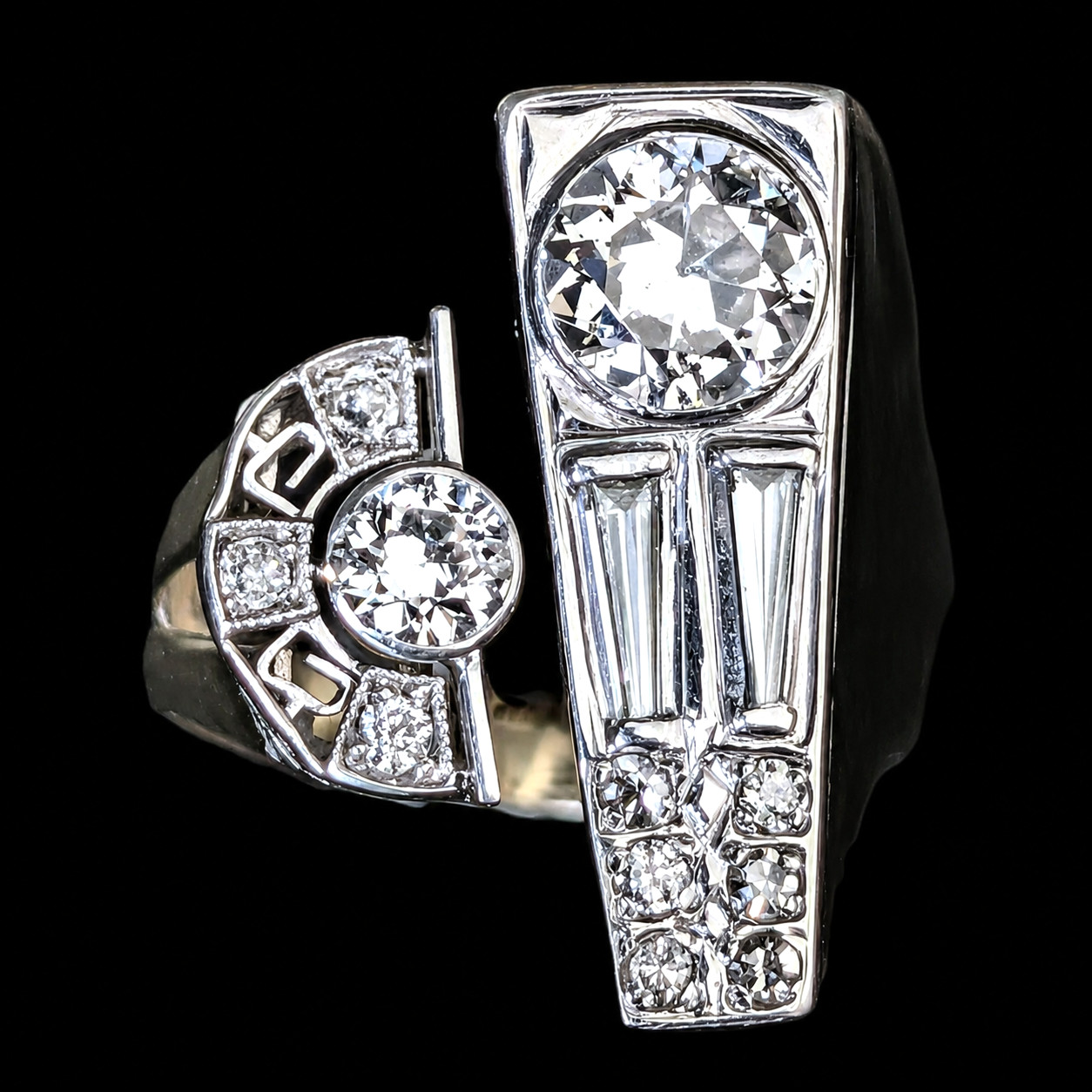 1940s Old European Cut Diamonds 14k Gold Platinum Cocktail Ring Vintage Retro