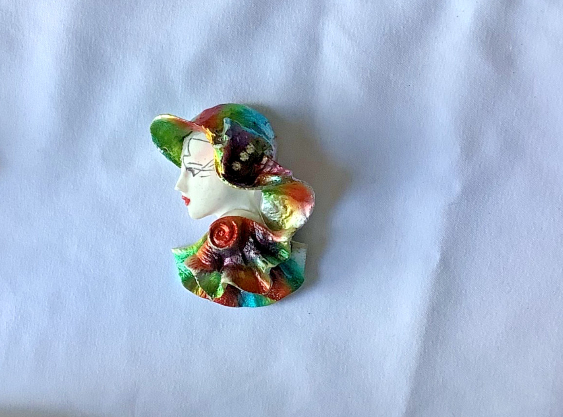 3 Vtg Art Deco Style Lady Face Vogue Brooch Pin Head Rainbow Foil Resin B113