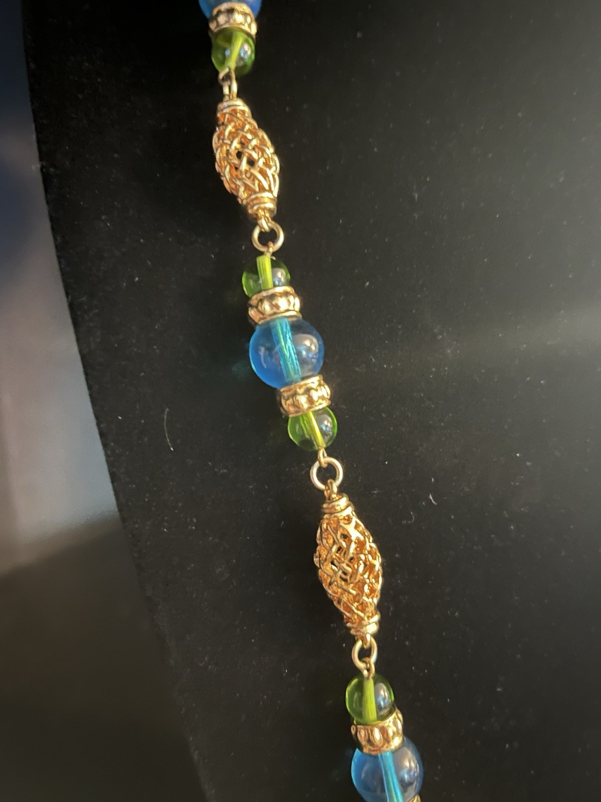 Sandra Miller Burrows(SMB) Gold-tone Filigree Necklace with Blue and Green Beads