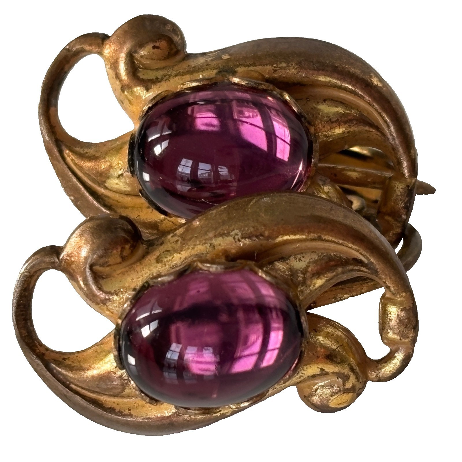 Vintage Miriam Haskell Earrings Signed Purple Pink Gripoix Glass Cabochon