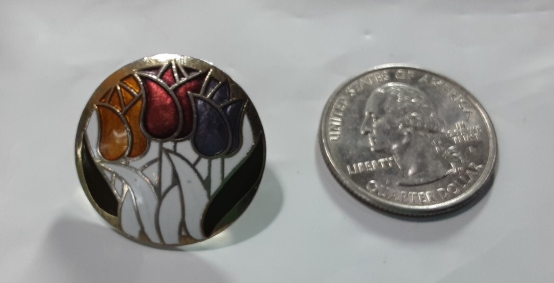 Earring Goldtone Orange Red Green Purple White Cloisonne Tulips Flower Pierce