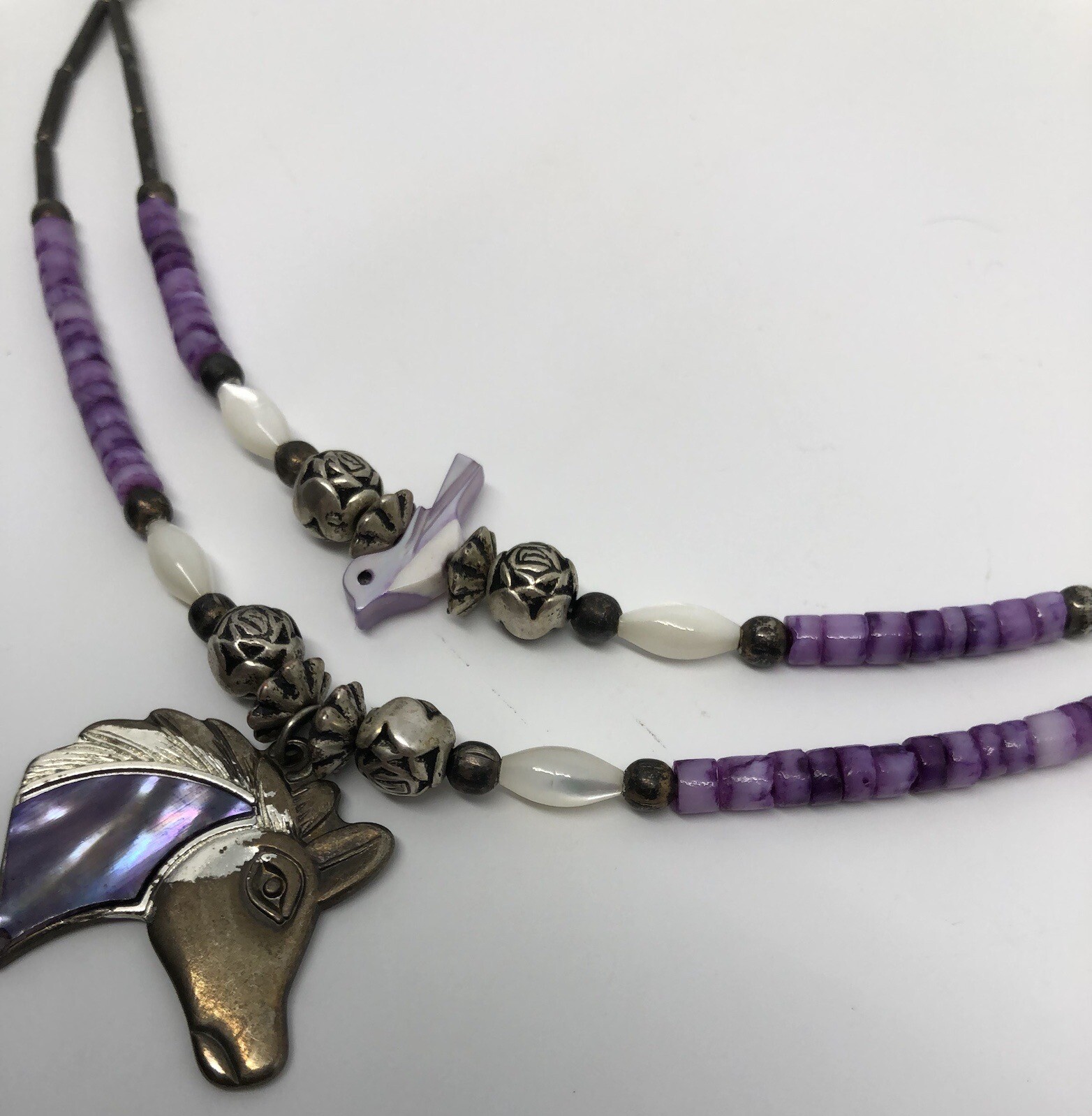 Equestrian Horse Necklace Purple Pony Pendant Silver Roses Beaded Bird 16”