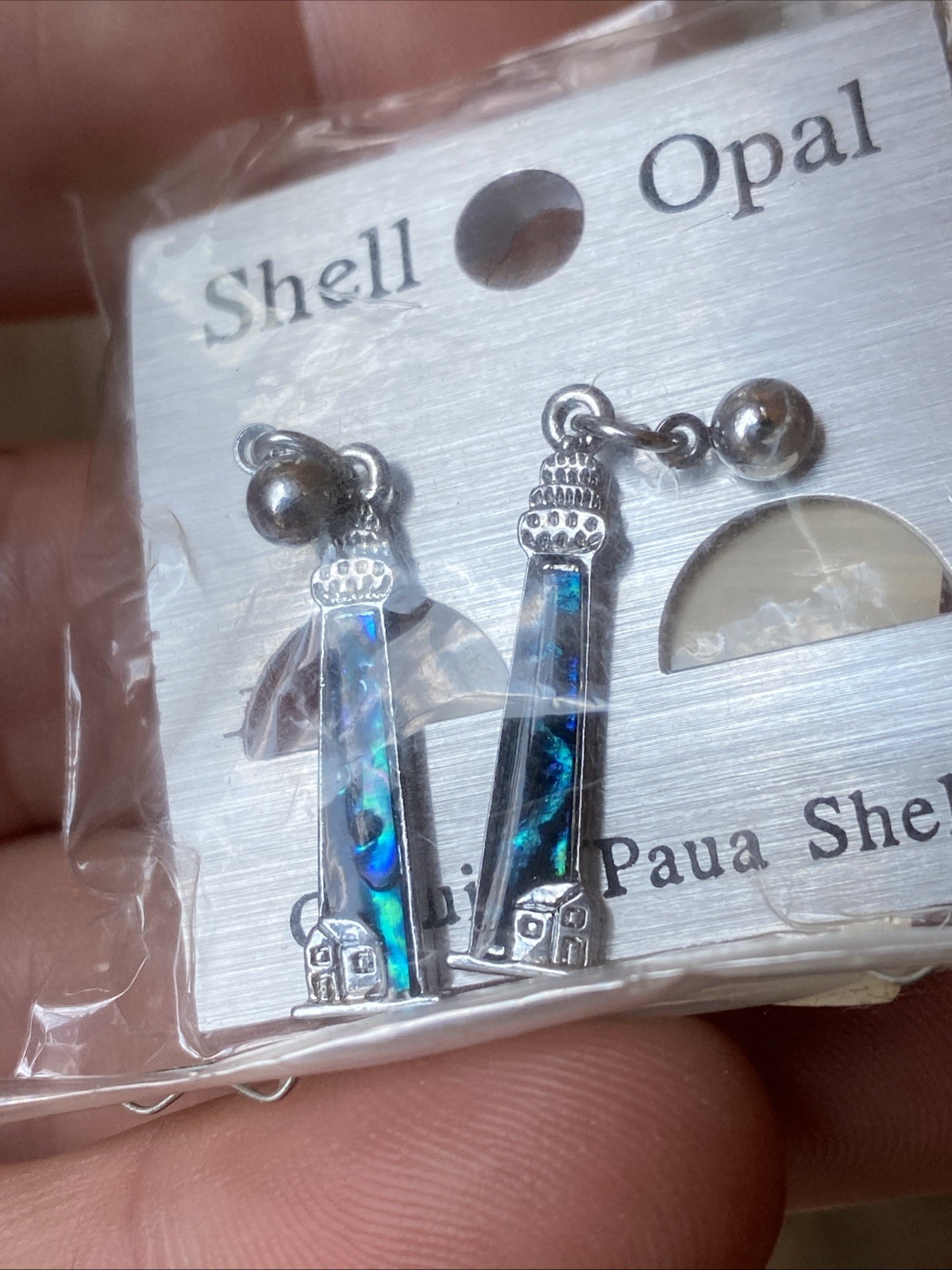 LIGHTHOUSE Blue Paua Shell Dangle Earrings Abalone Inlay Silver Tone Pierced NEW