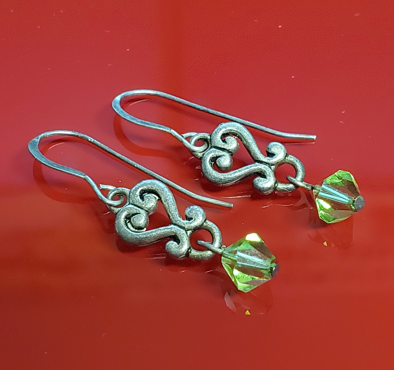VTG 925 Green Bicone Crystal Earrings 1.25in Drop Sterling Silver Heart Scroll