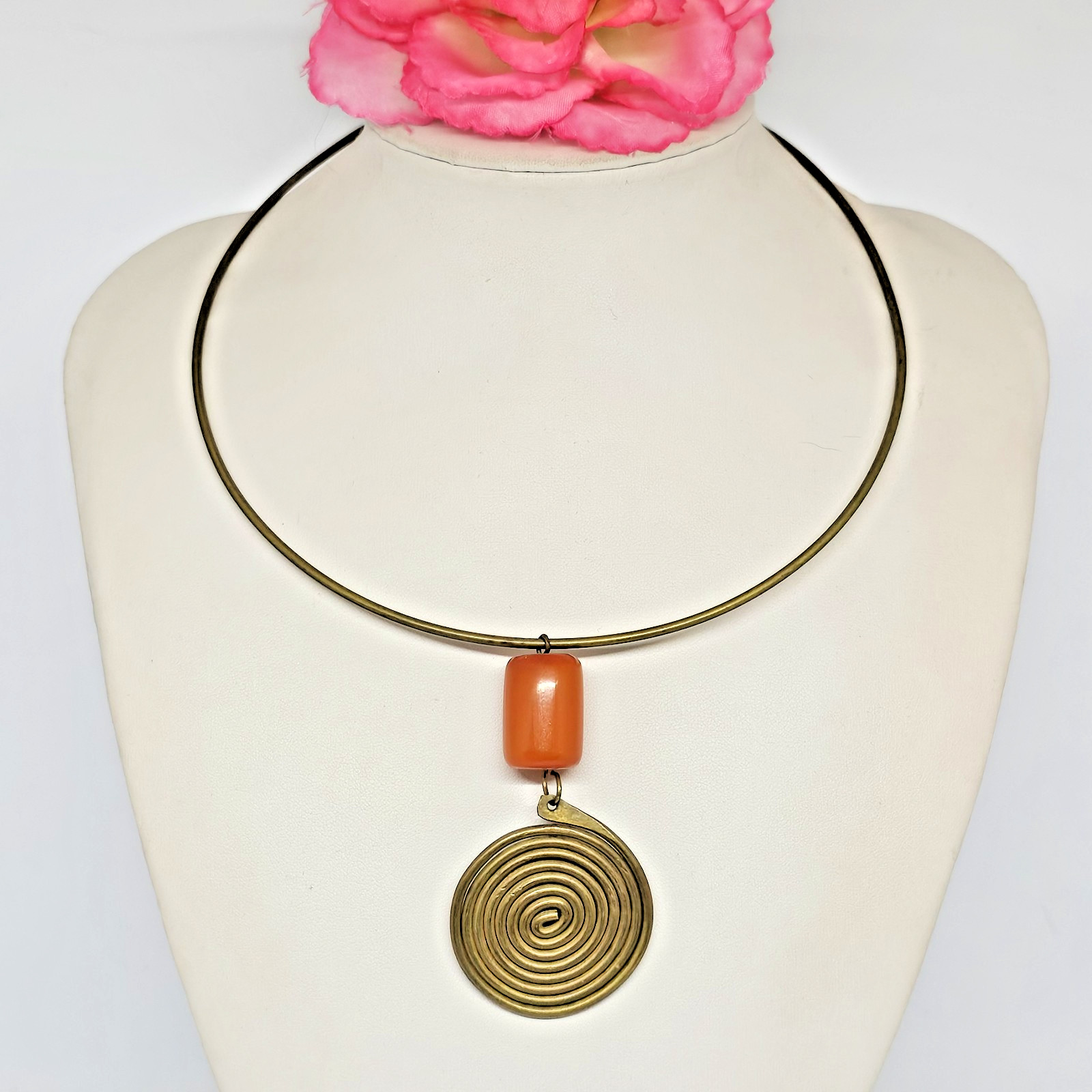 African Amber Brass Spiral Pendant Necklace Butterscotch Phenolic Resin Tribal