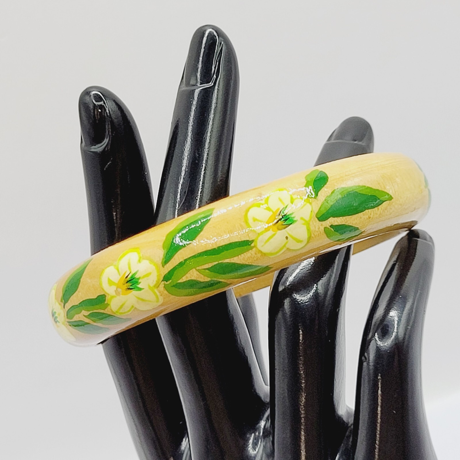 Wood Bangle Hand Painted Cream Flowers Green Leaves Lacquered Bangle Bracelet