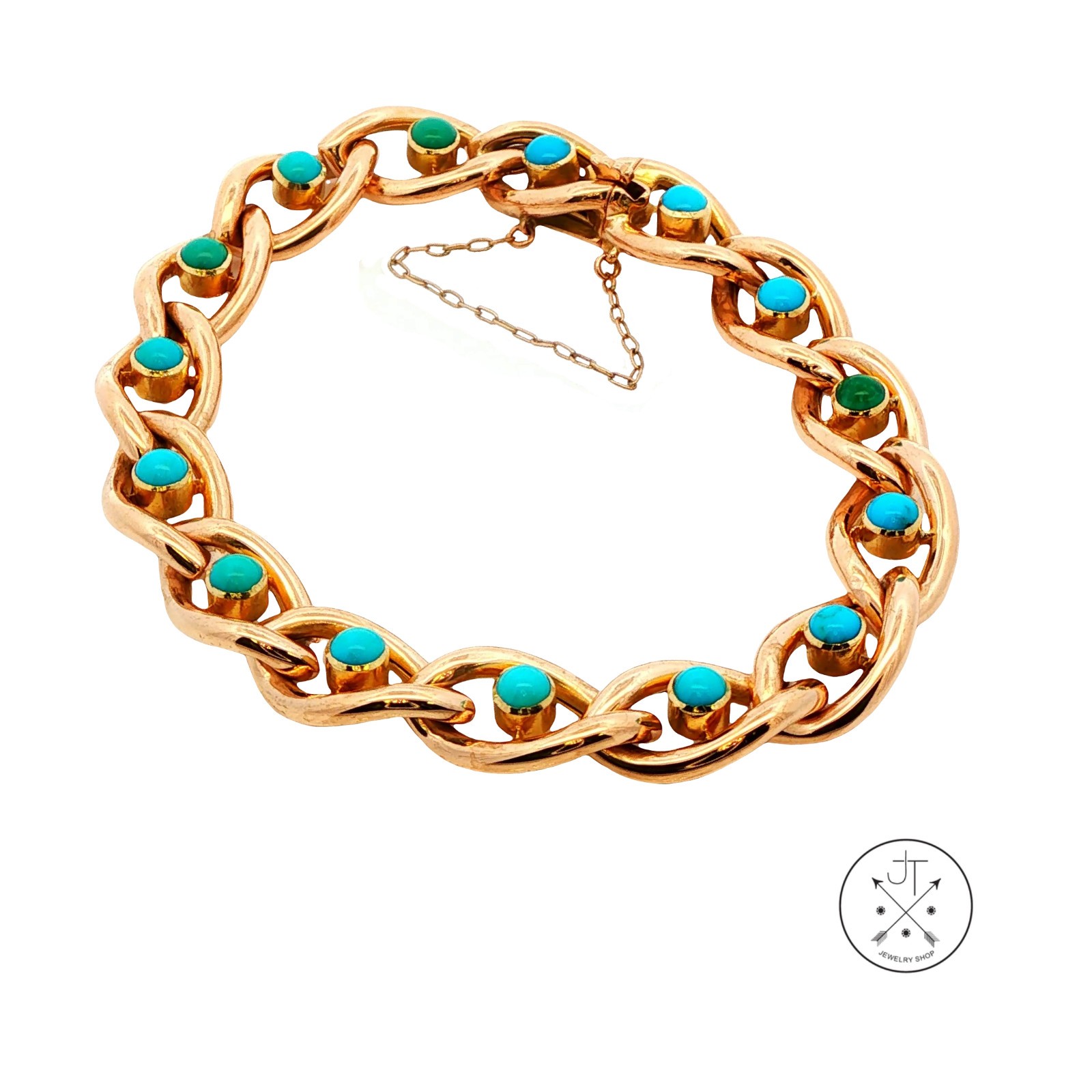 Antique 15k 15ct Yellow Gold Victorian Curb Link Bracelet with Turquoise 7.25 in