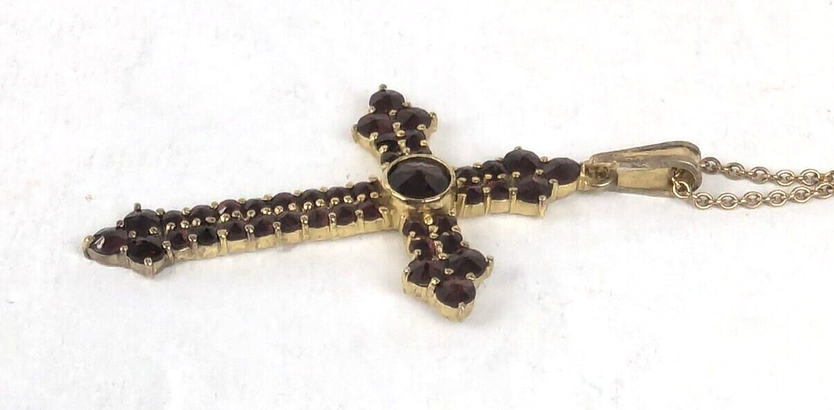 Lg Czech Bohemian Garnet Cross 900 Gilded Silver Pendant on 24″ GF 12K Chain