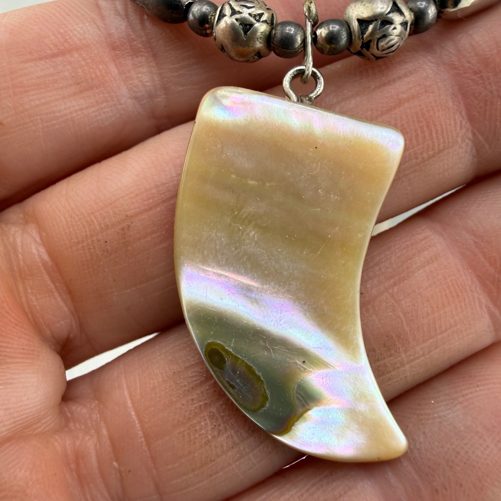 Vintage Beaded Layered Necklace Polished Stone Abalone 24”