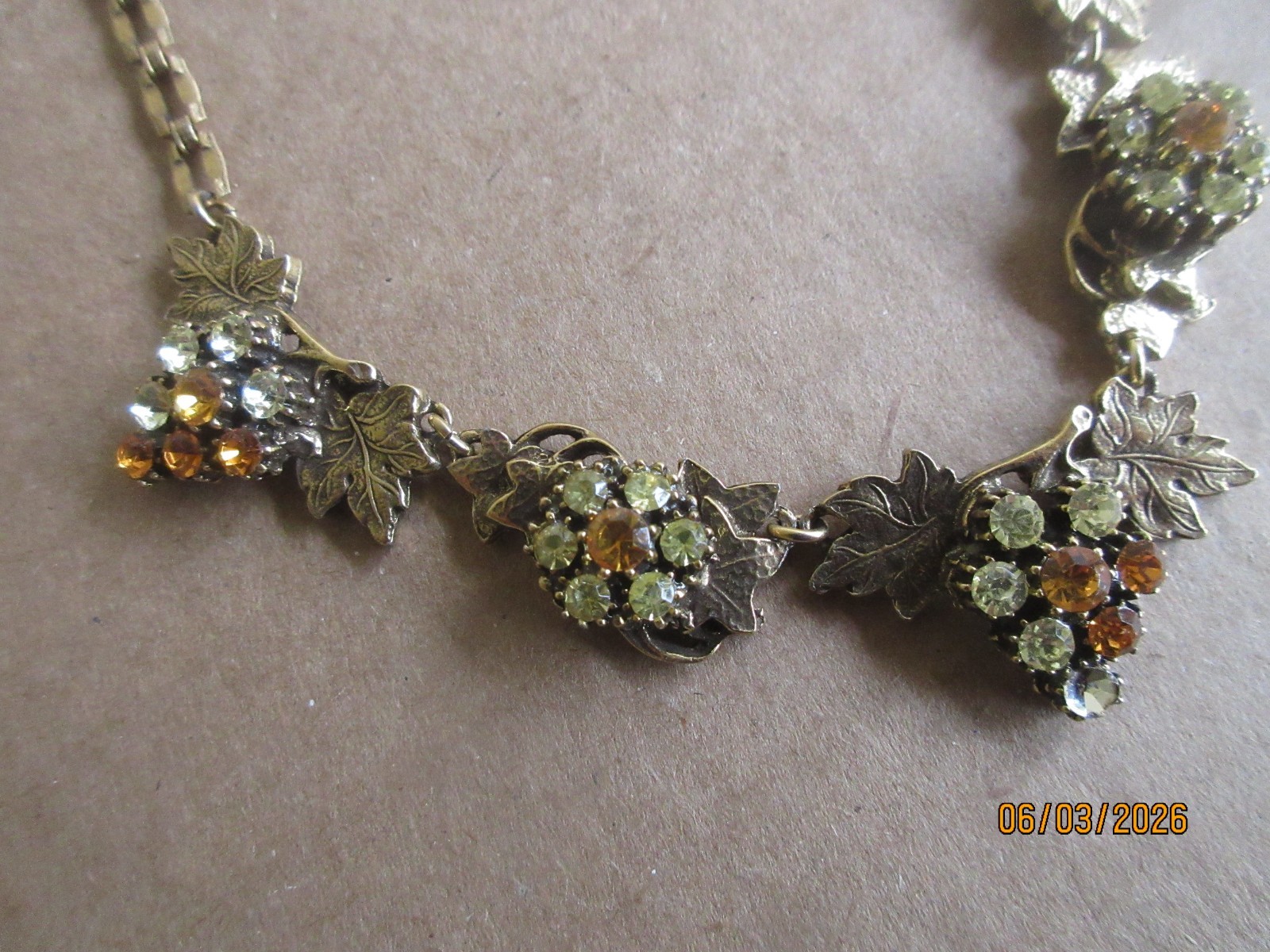 Vintage Unsigned Rhinestone Grape Cluster & Leaves Necklace