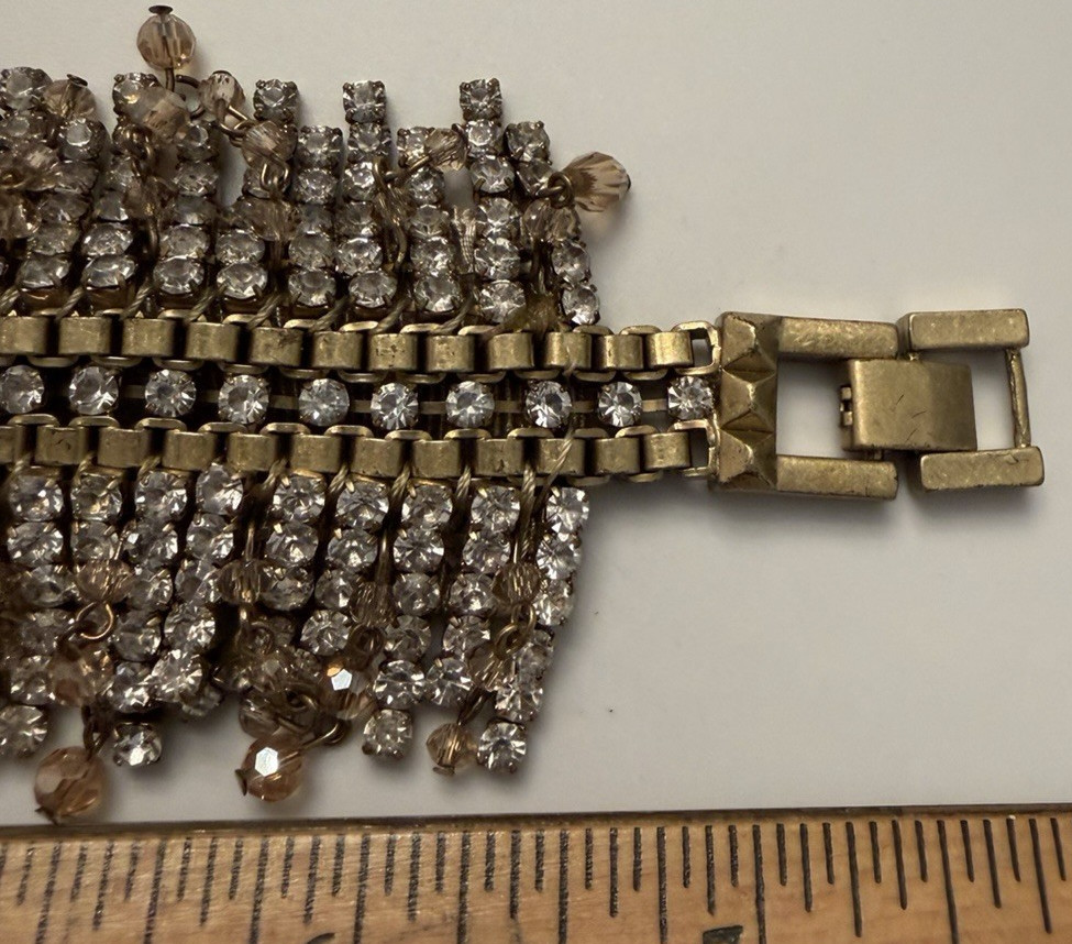 Vintage S&D Rhinestone Statement Bracelet Bronze Tone Multi Row Clear Stones