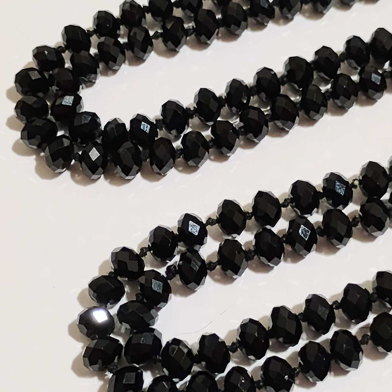 Vintage Jet Black Crystal Bead Necklace Hand Knotted 47 Long Single Strand