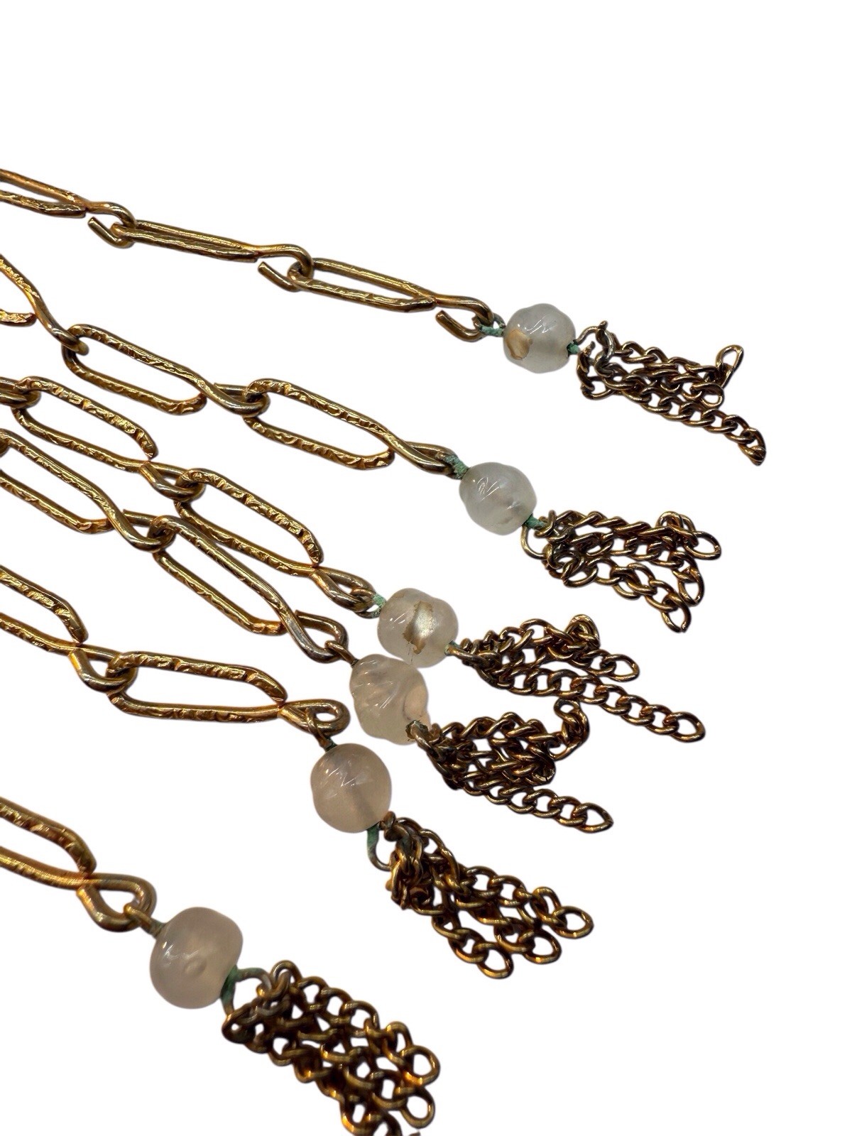 Bead Fringe Bib Necklace 1970s Cuban Link Chain Tassels Frosted Glass Gold T. WB