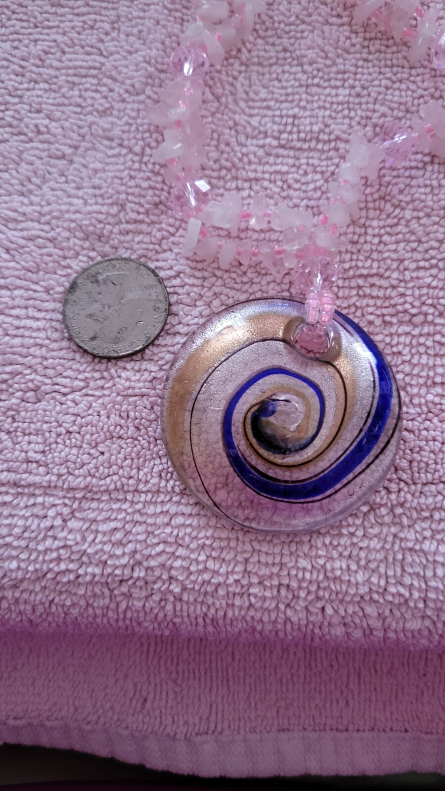 Quartz Chip Necklace w Large Swirl Glass Focal & Sead Beads