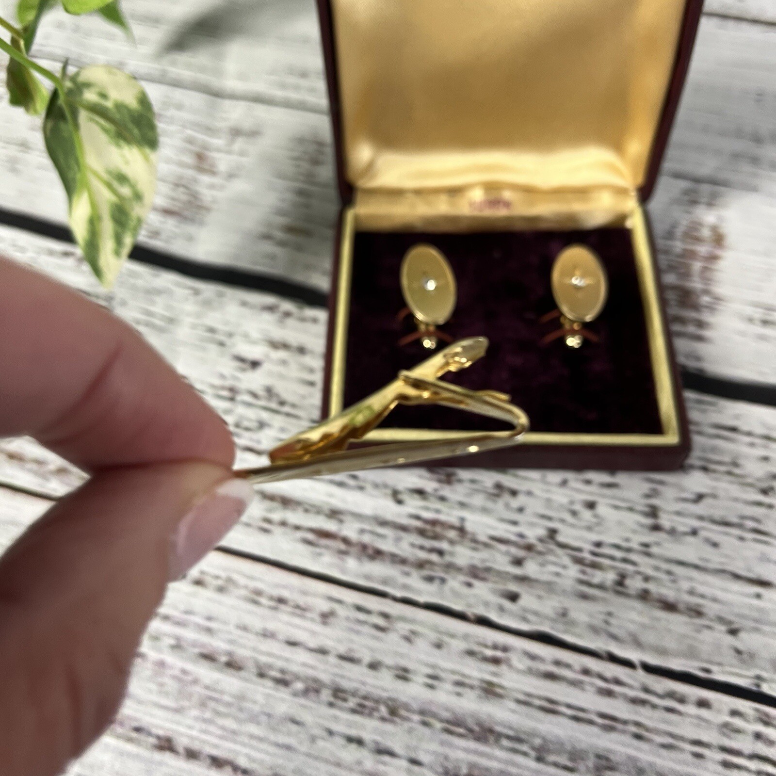 Swank Vintage Brushed Gold Faux Diamonds Mens Cufflinks & Tie Clip w/ Box