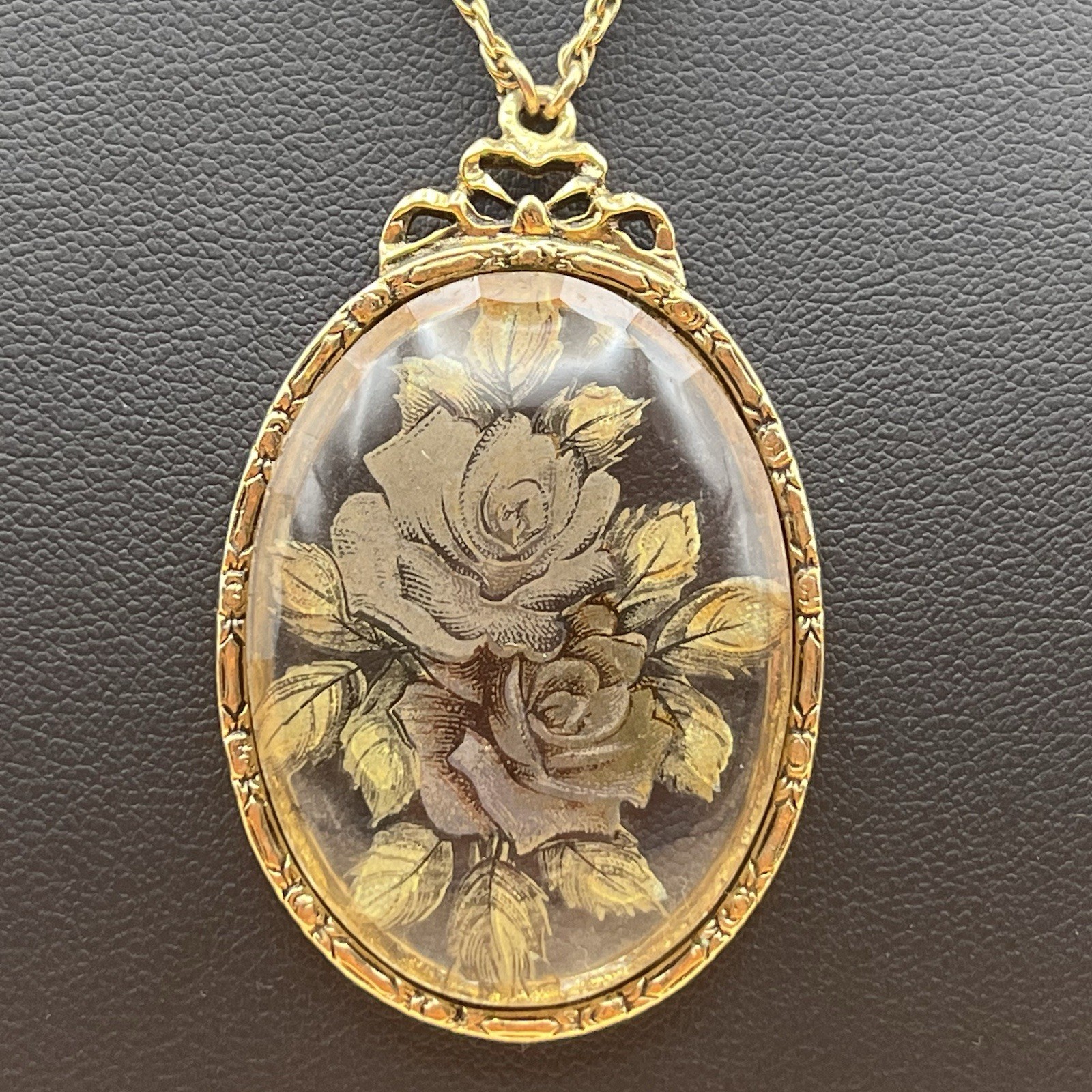 1928 Jewelry Victorian Style Rose Pendant Necklace Gold Tone Glass *READ NOTES