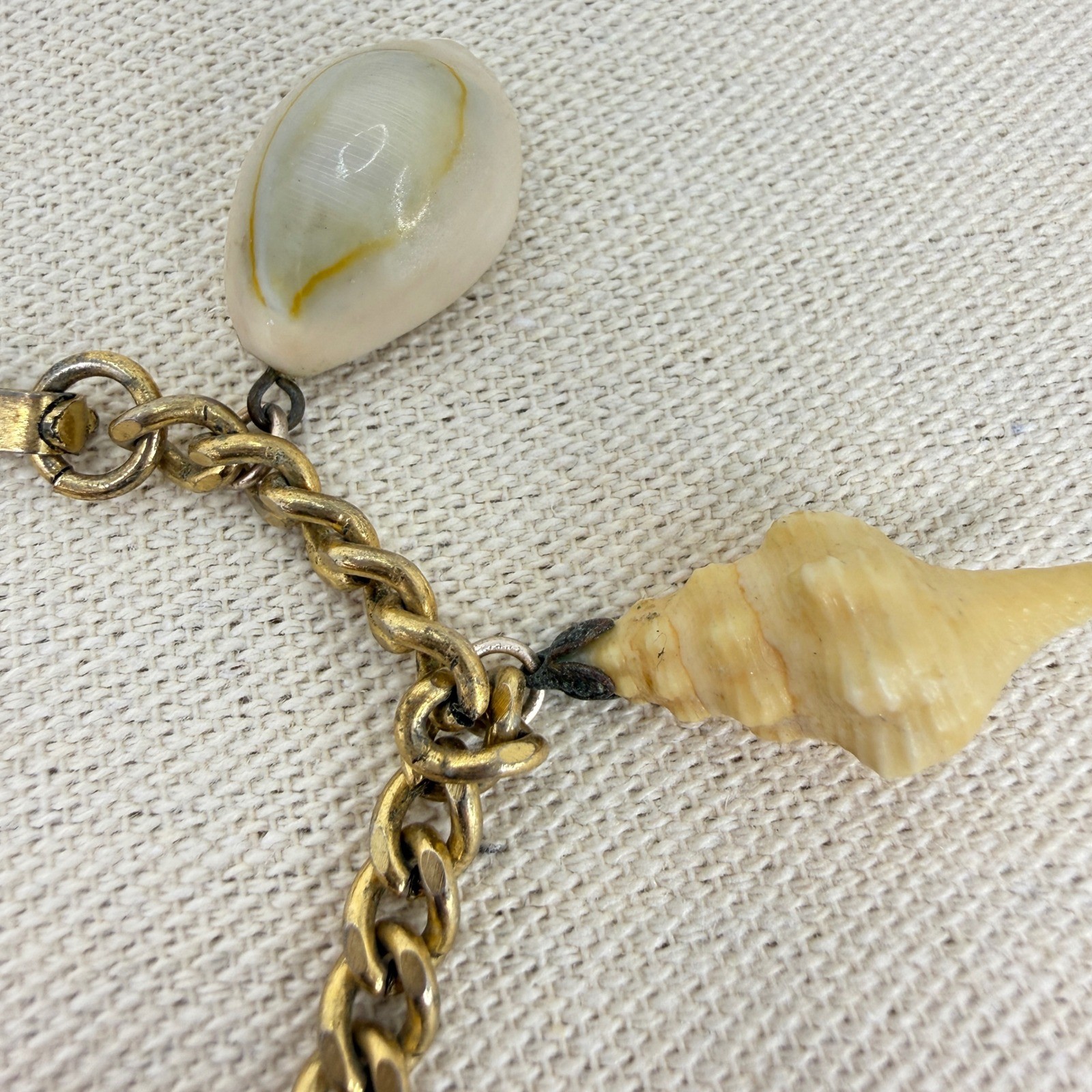 Sea Shell Charm Bracelet Vintage Natural Gold Tone Curb Chain Boho Coastal