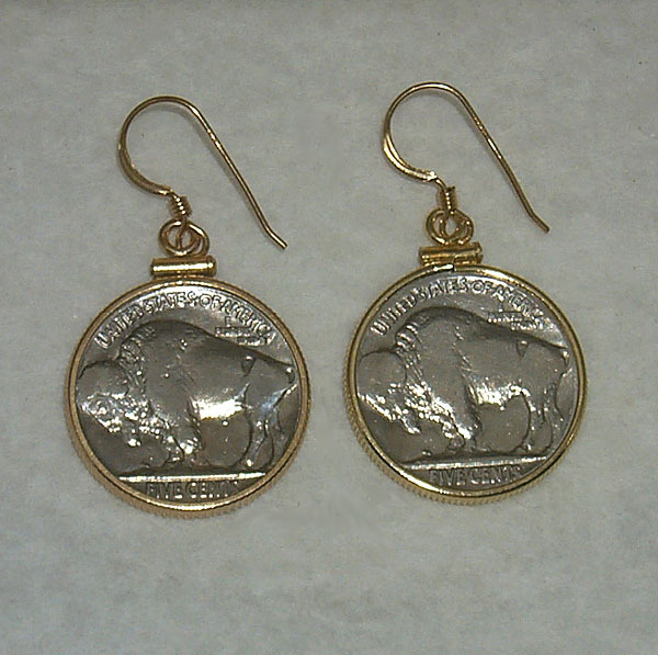 Coin Earrings Vintage Buffalo Nickels 1/20th 14K Gold Bezels French Hooks USA