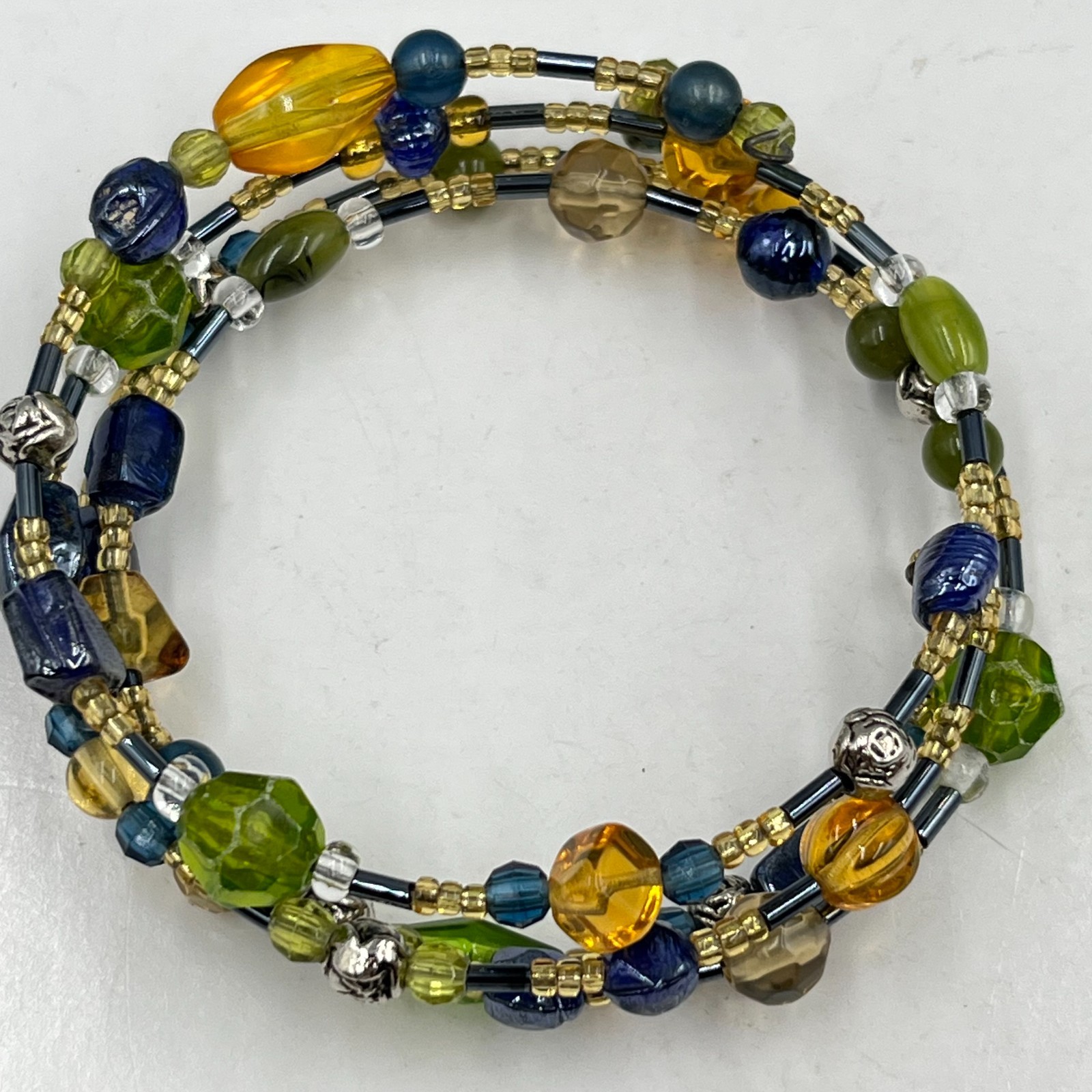 Vintage Y2K Boho Multi-Strand Wrap Bracelet Green Blue Amber Beads 80ch Classic