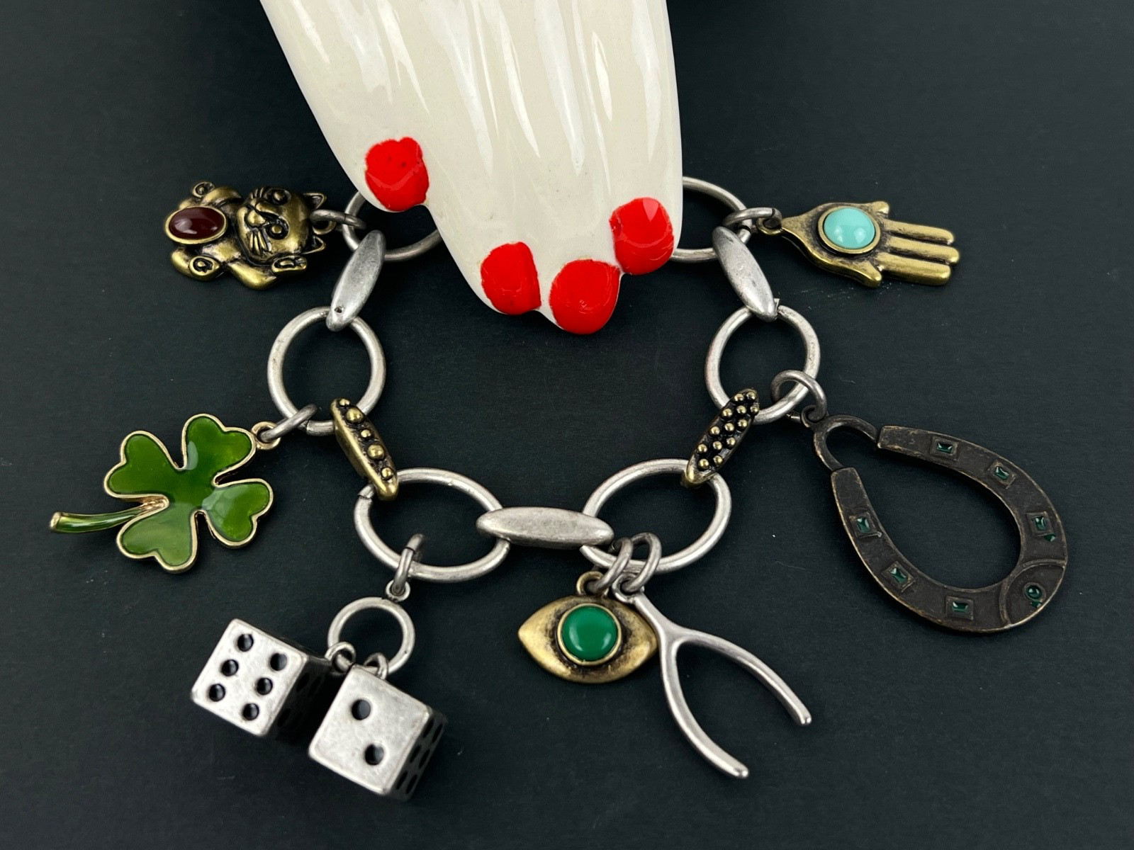Matte Silver Metal Good Luck Charm Bracelet Dice Shamrock Wishbone Horseshoe 8″