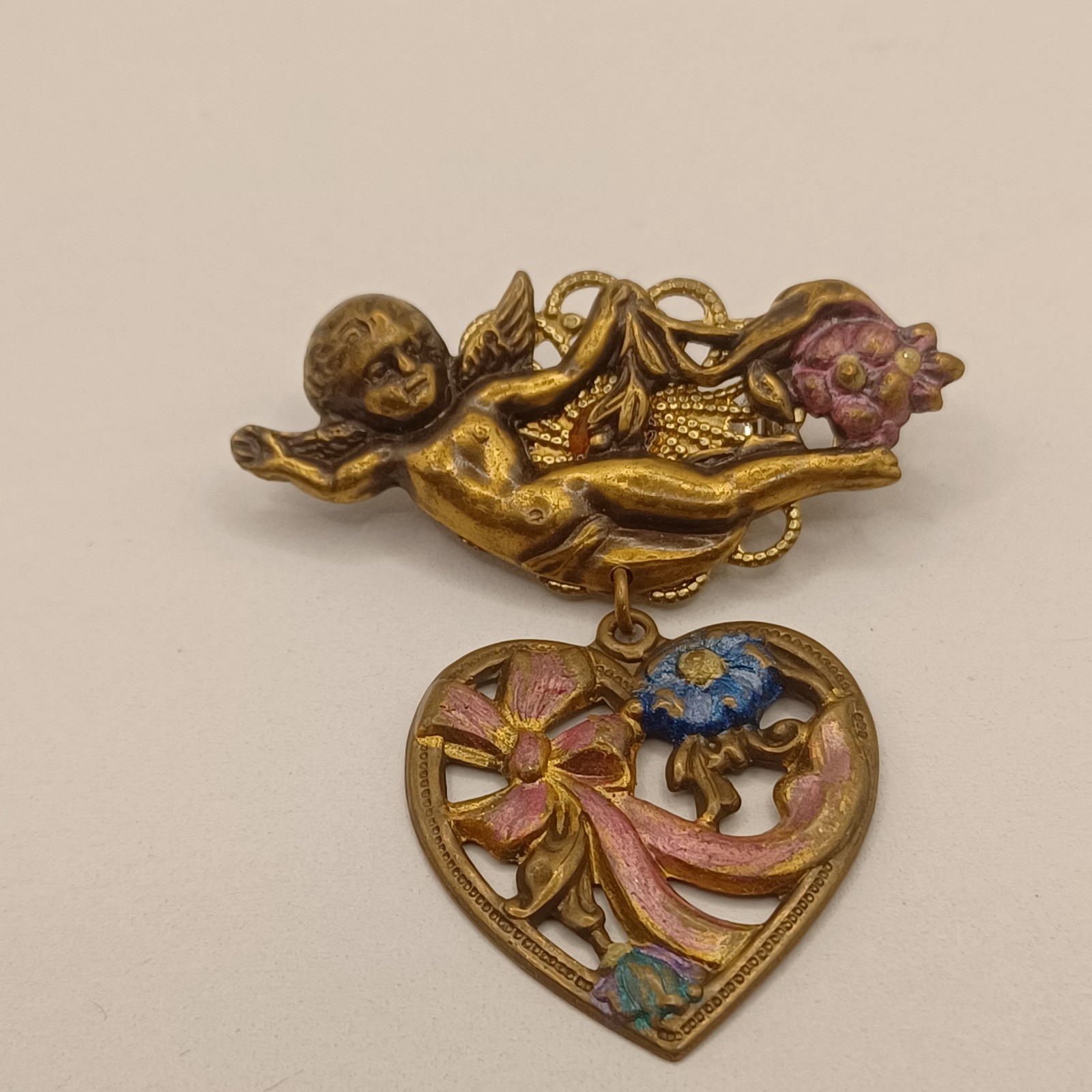 Brass Cherub with Heart Dangle Purple and Blue Enamel flowers and bow Pin Brooch
