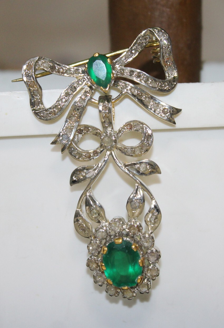2.20ct Rose Cut Diamond Emerald Antique Victorian Look 925 Silver Brooch