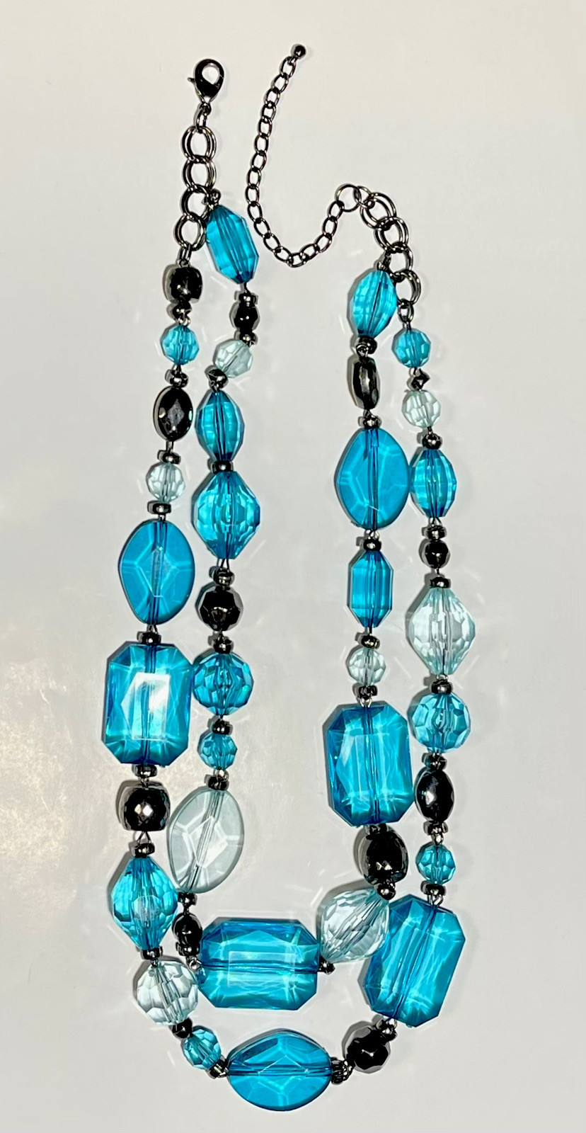 Lovely Teal Turquoise, Aqua Blue & Gunmetal Tones Double Strand Beaded Necklace