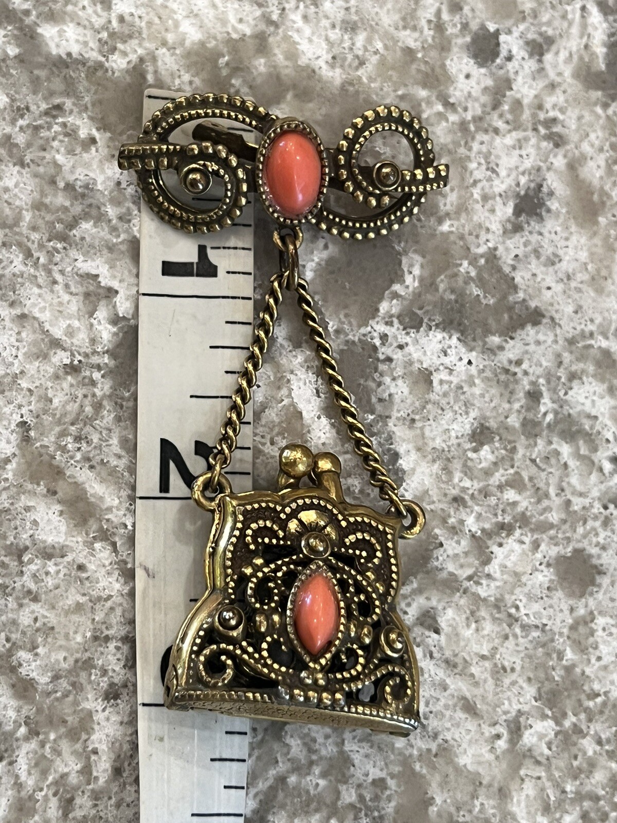 Pin Brooch Filigree Purse Coral Color Stone Dangle Pin