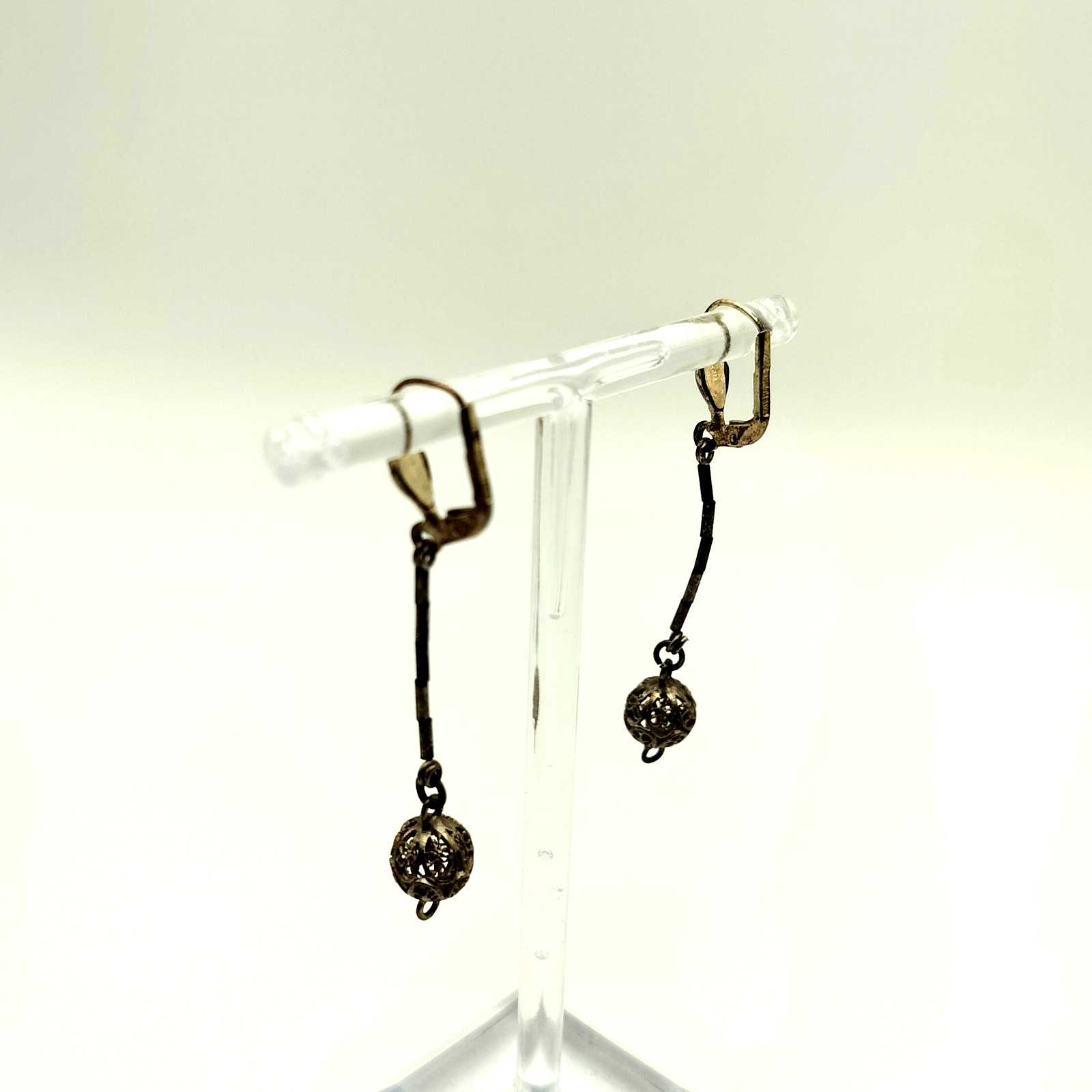 Vtg GES GESCH West Germany PIERCED Dangle Silver Tone Metal Earrings Art Deco