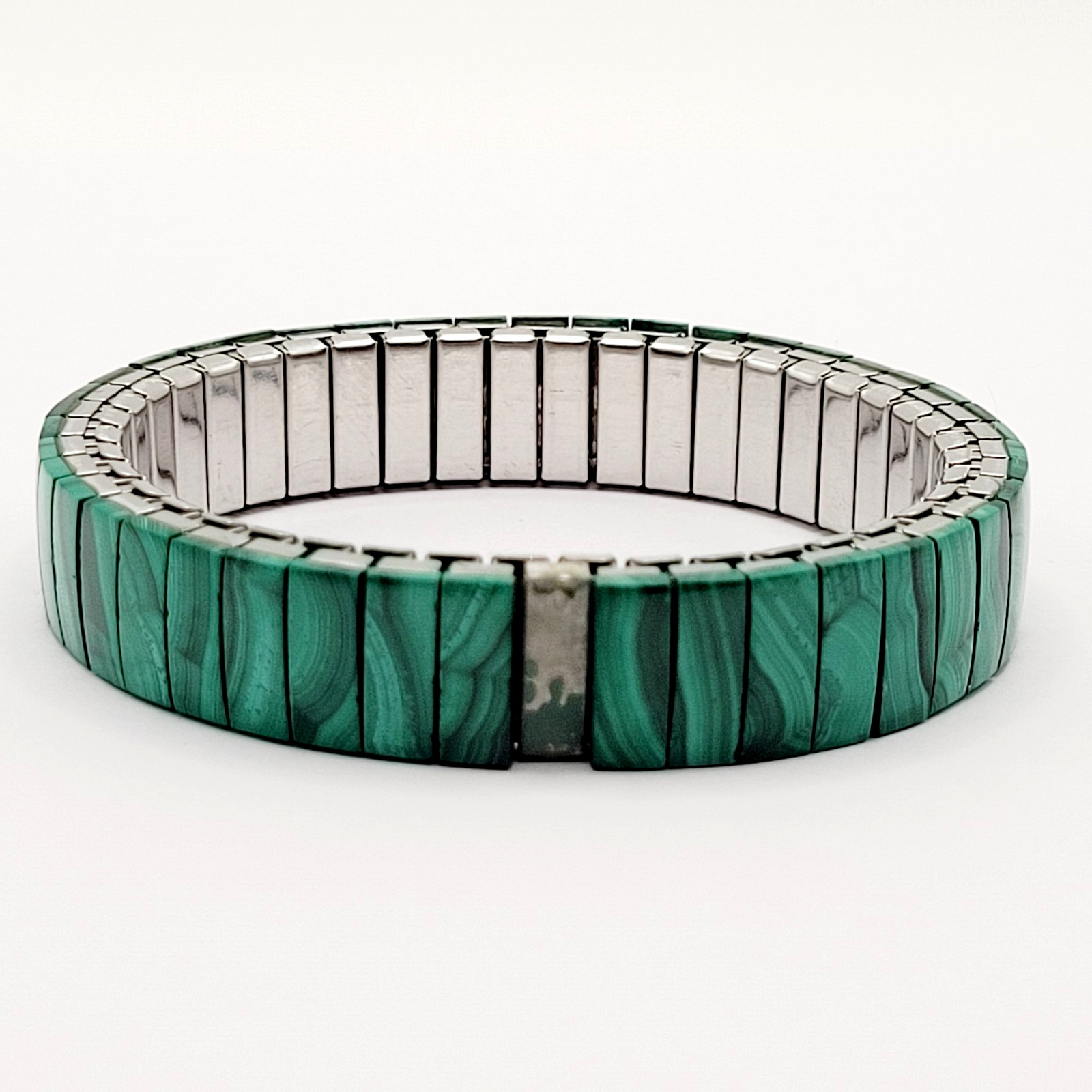 Malachite Stone Green Veneer Panel Stainless Steel Expanding Vintage Bracelet