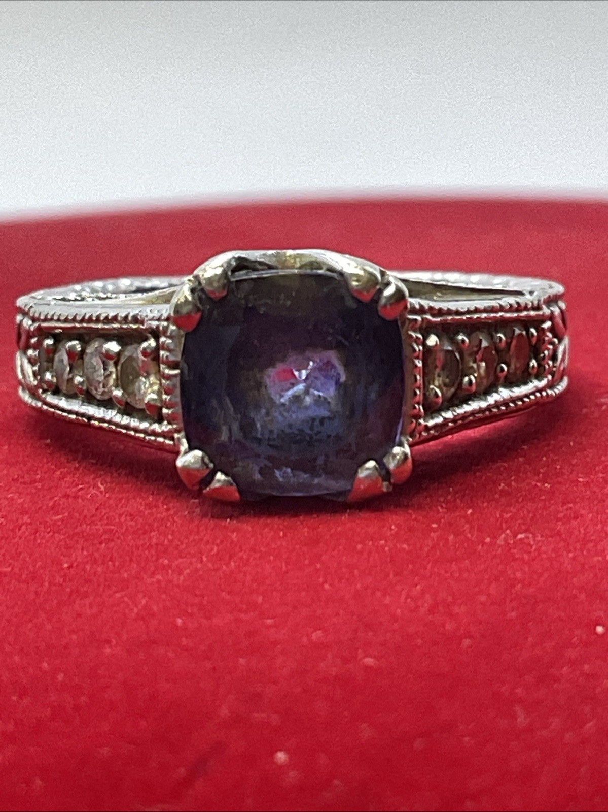 Ladies Ring Solid 14K White Gold Cushion Blue Stone & Diamonds VINTAGE HANDMADE