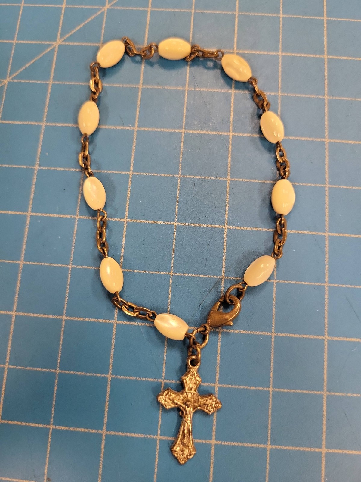 Vintage Jerusalem Rosary Bracelet Cross Crucifix White Oval Beads Religious Gift