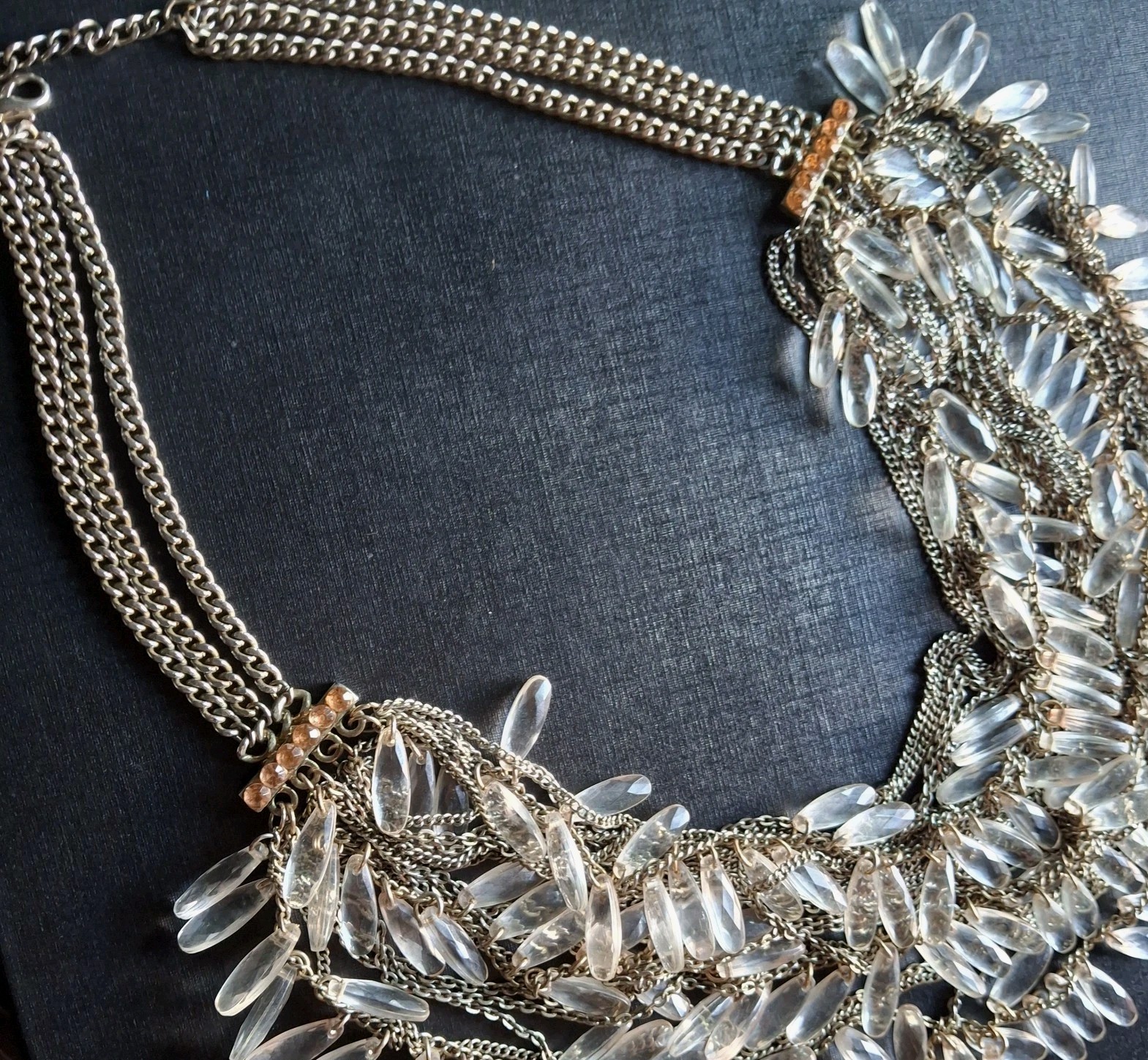VTG Statement Bib Necklace Multi-Strand Fringe Featuring Clear Lucite Teardrops