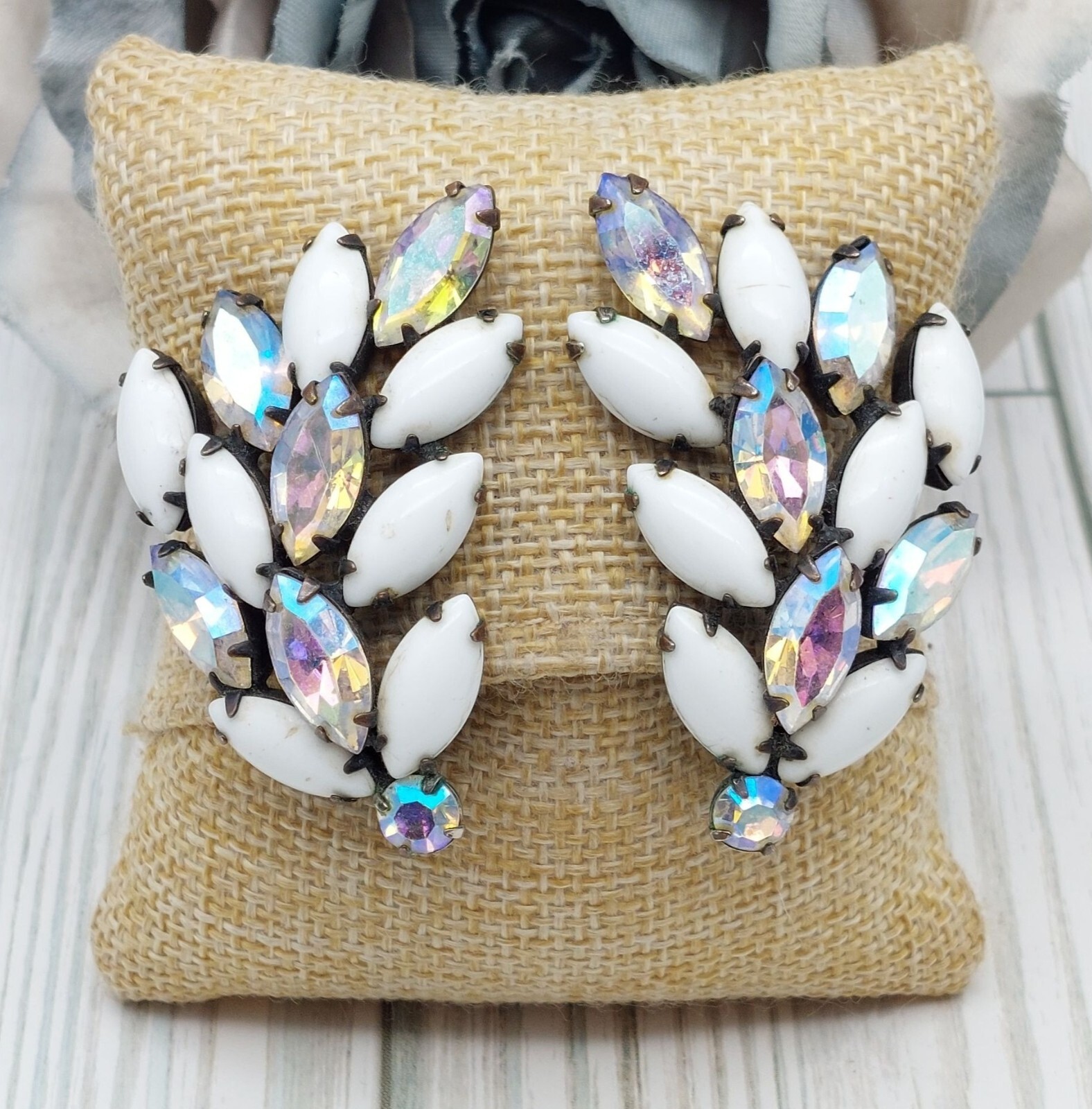 La Roco VINTAGE Milk Glass & AB Navette Crystal Clip On Earrings Large Climbers