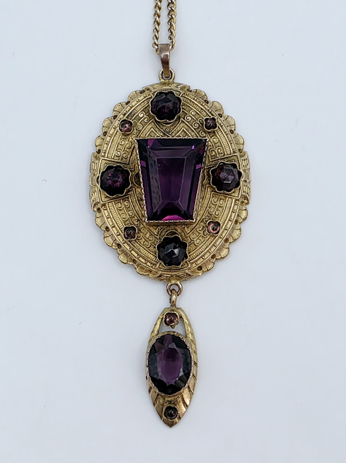 Antique Austro Hungarian Floral Filigree Lace Pendant Necklace Purple Glass
