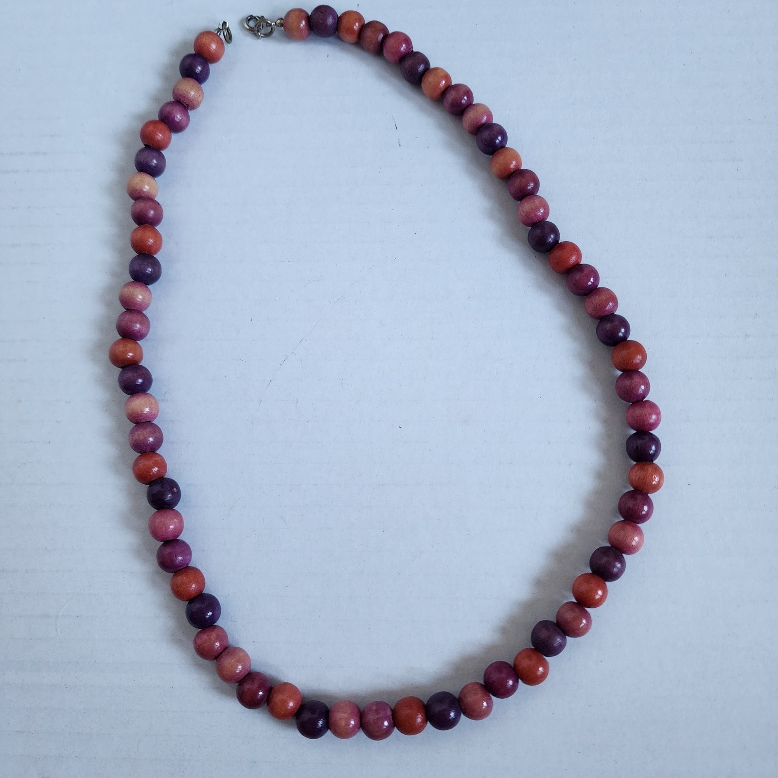 Vintage Multi-color Wooden Necklace Pinks Purples Woodgrain 24 Inch Spring Clasp