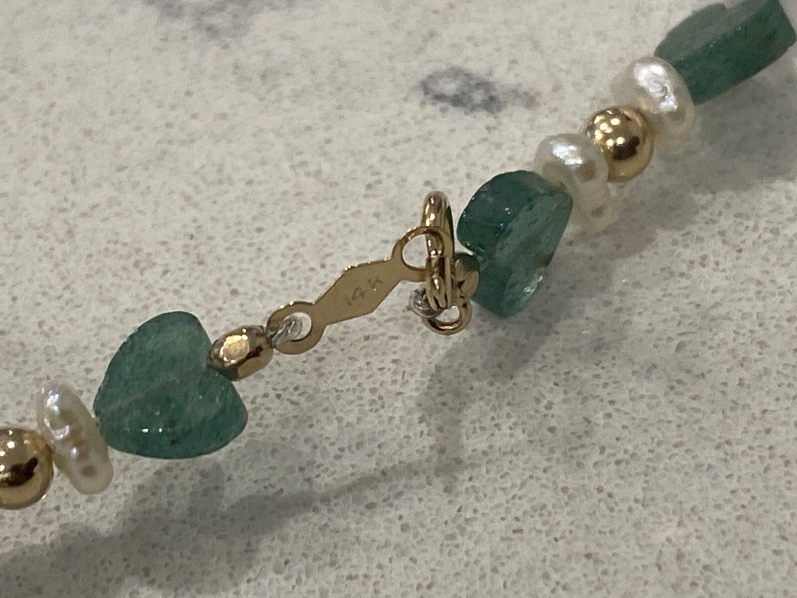 14K Gold, Emerald Hearts, Clear Round Quartz, Pearls & Gold Beads Clasp Necklace