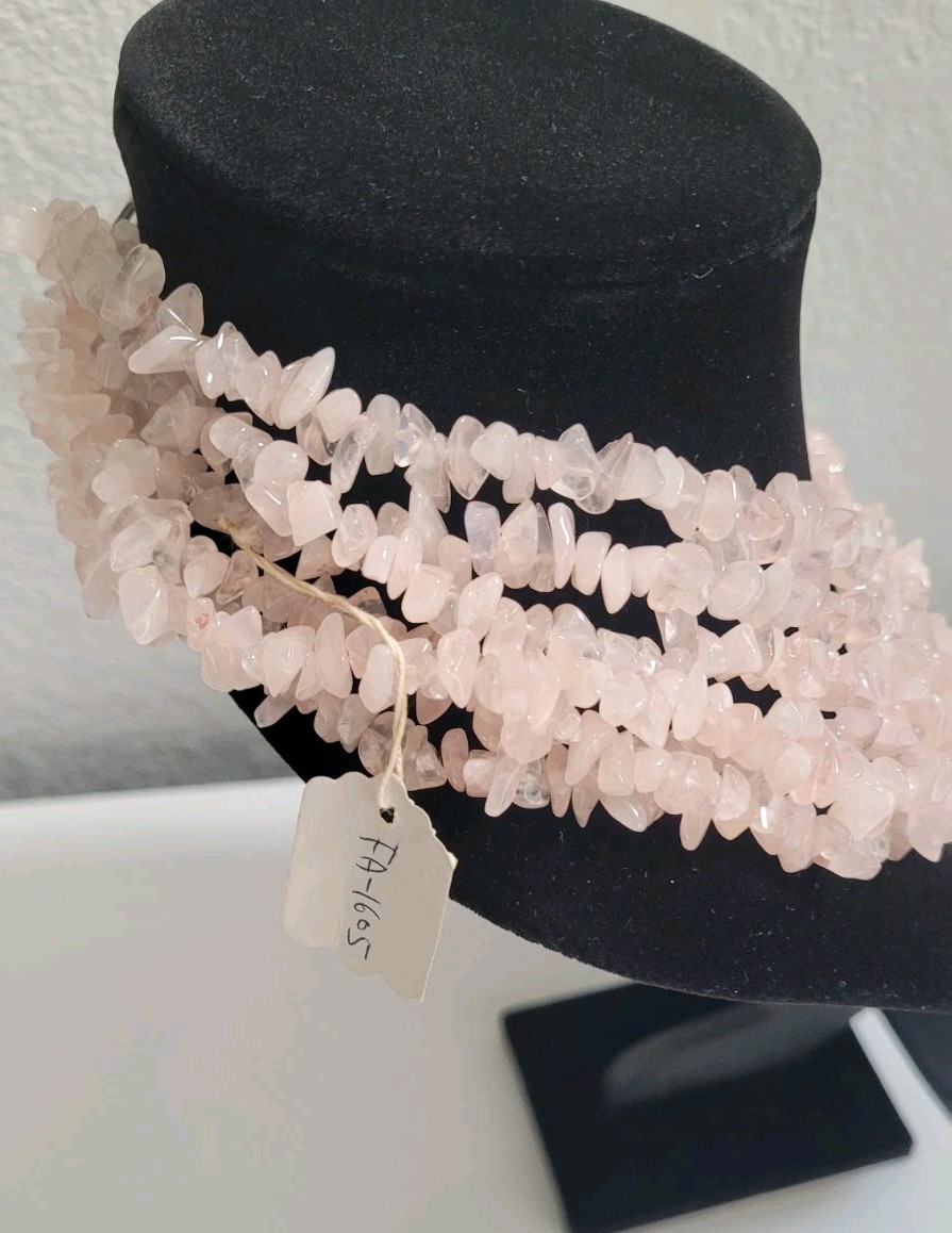 Vtg Rose Quartz Chip Bead Necklace/Choker Pink Gemstone 6 Strands New