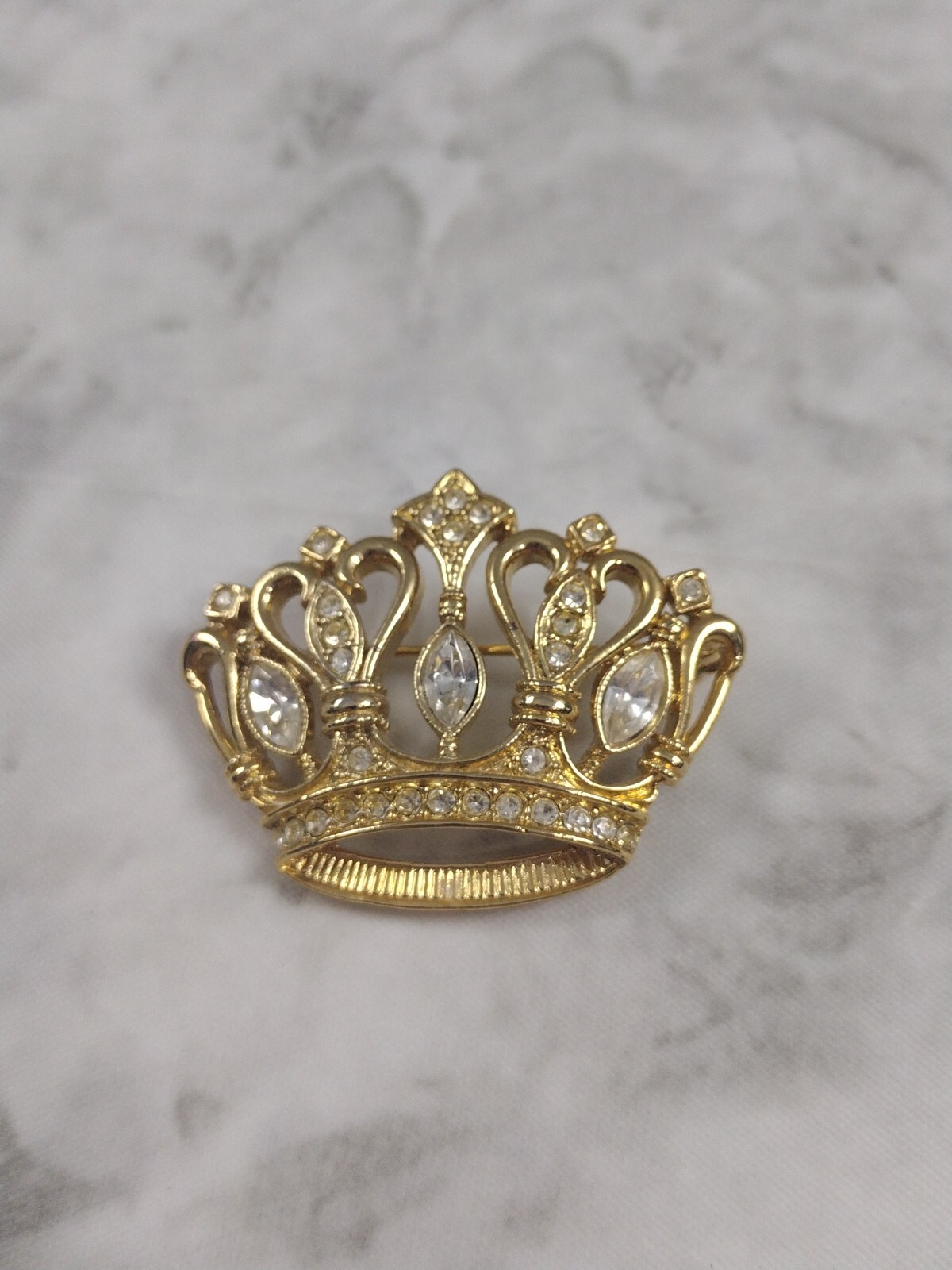 Signed KJL for Avon Vintage Crown Brooch, Pin Gold Tone with White Rhinestones