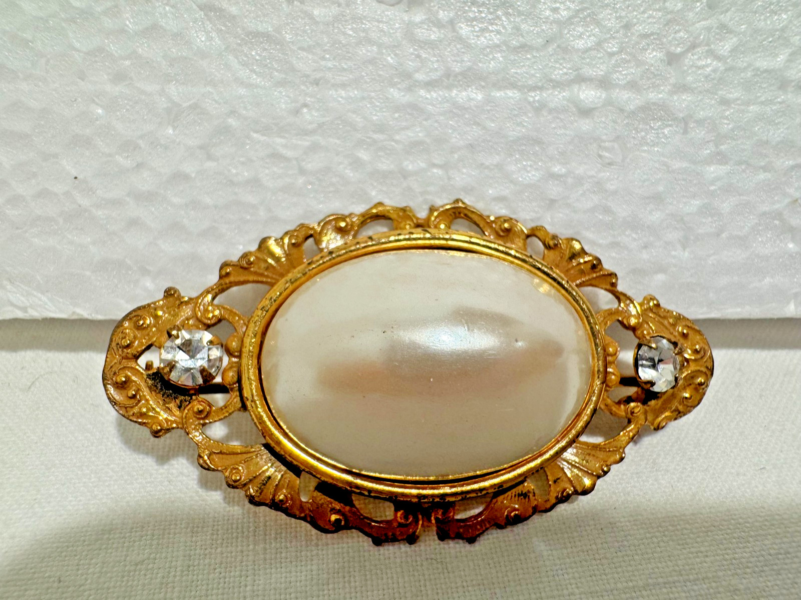 Vintage Miriam Haskell Brooch Pin Faux Pearl Cabochon Rhinestone Filigree Oval