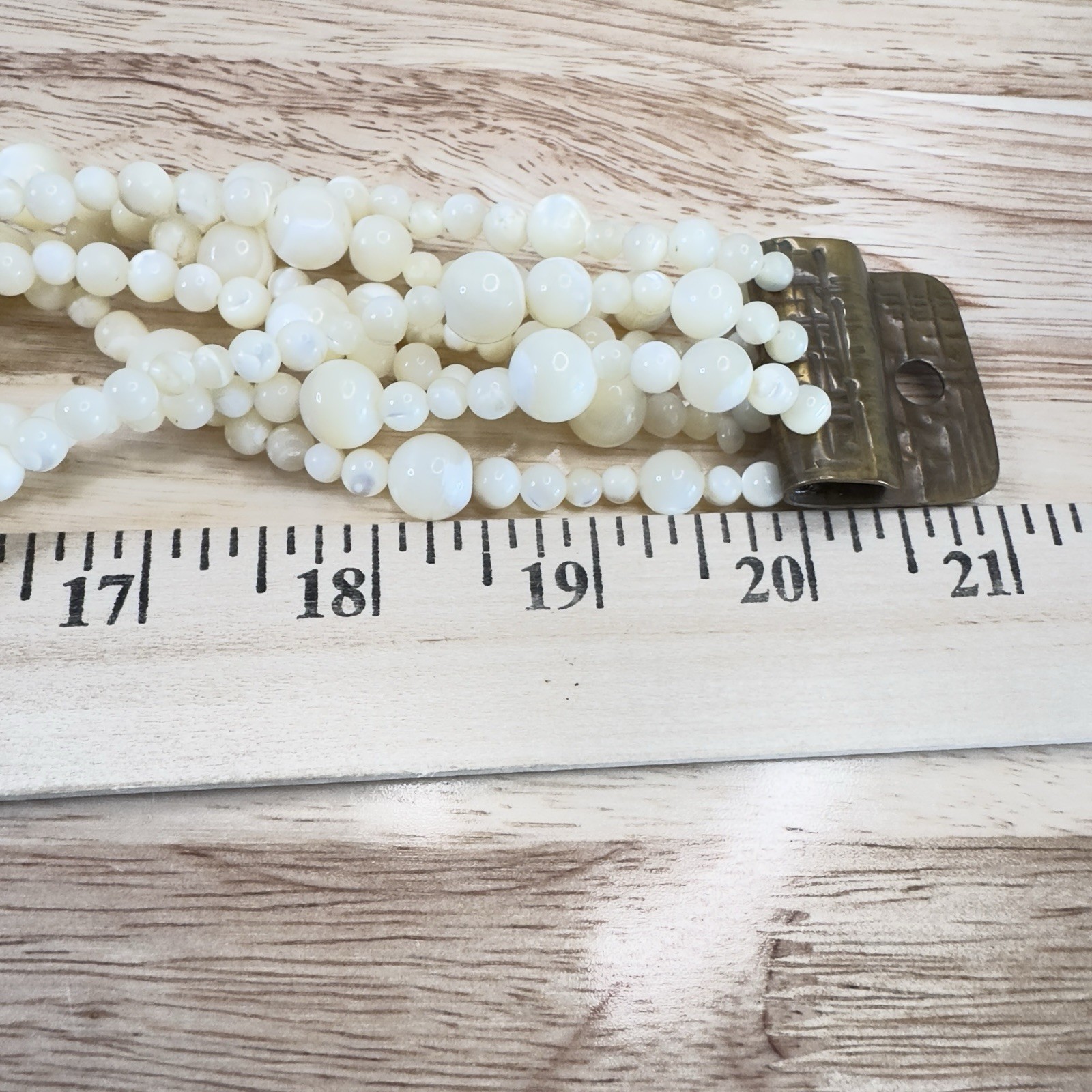 VTG Artisan Necklace Charlene Biesele Mother of Pearl Bead & Repousse Brass 20″