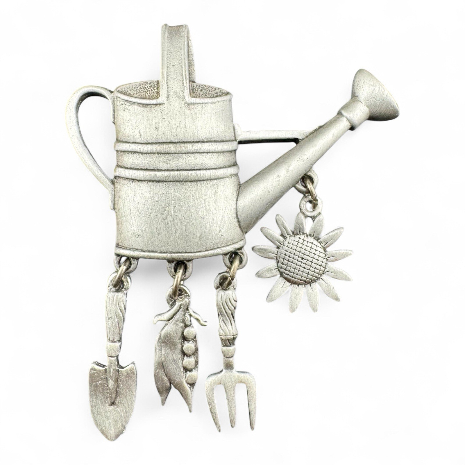 Vintage JJ Signed Silver Tone Watering Can W/ Garden Dangles Brooch