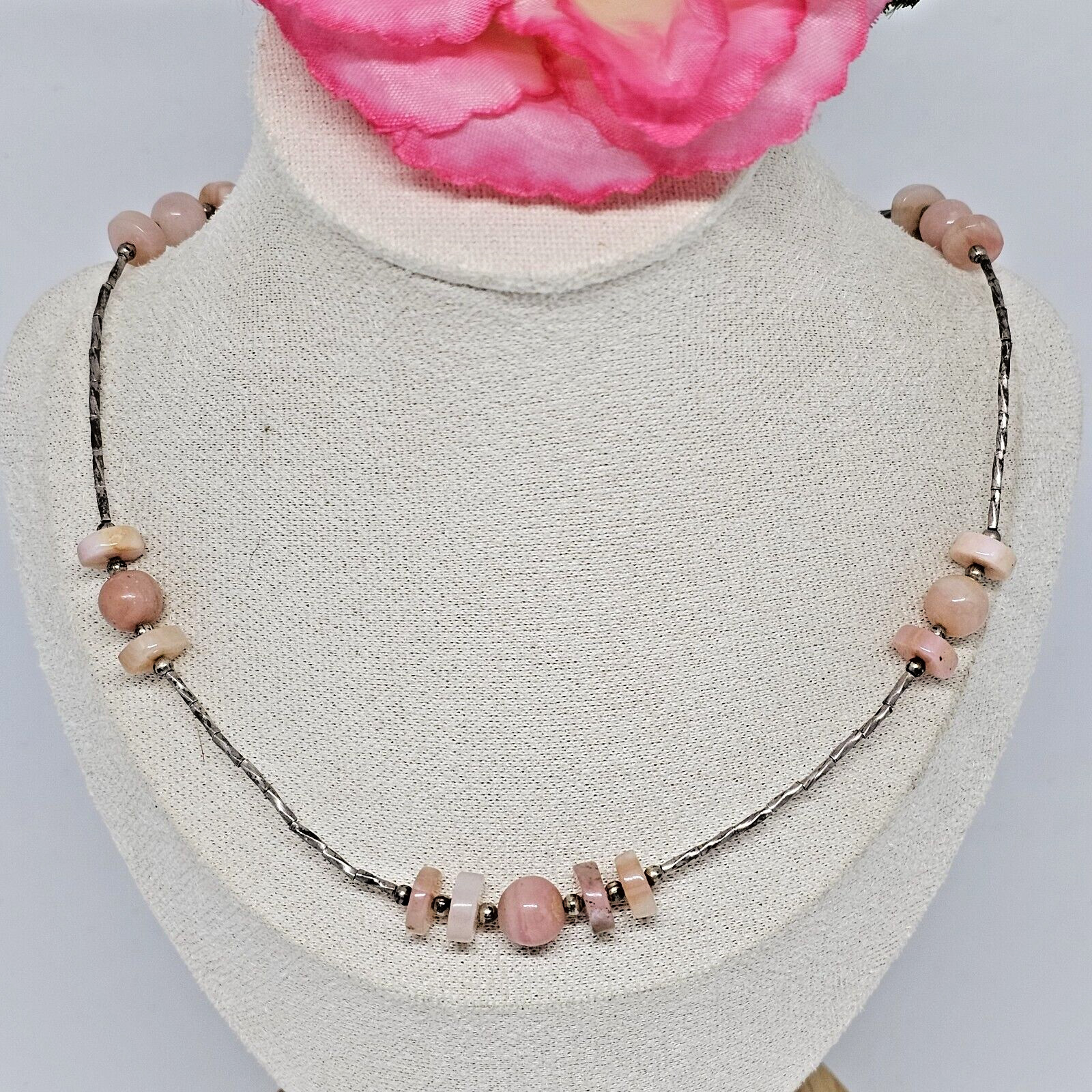 925 Sterling Silver – Round Pink Agate Beaded Chain Choker Necklace 16.5″ Long