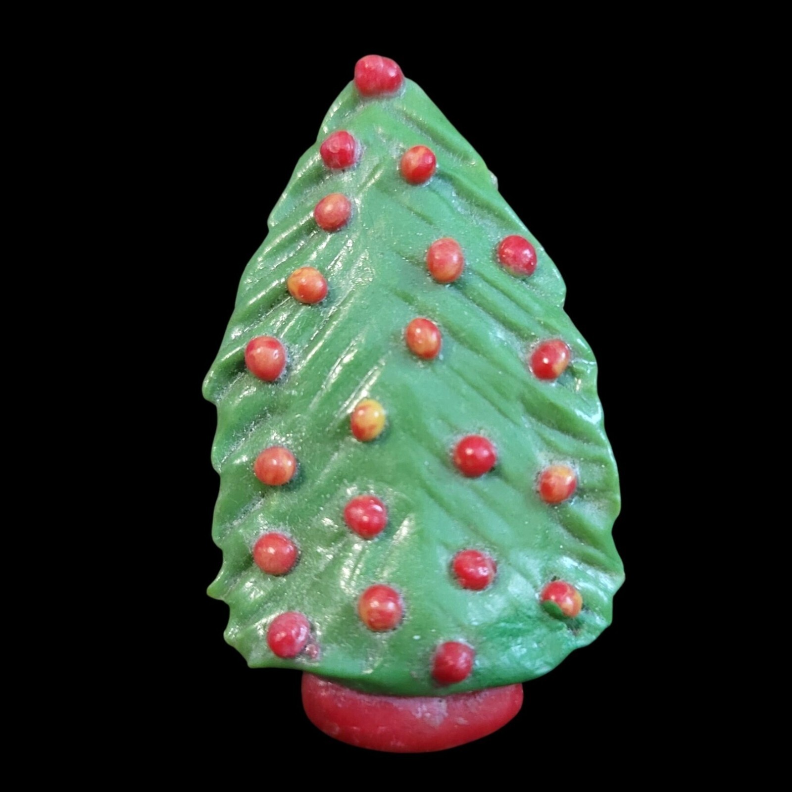 Vintage Plastic Clay Christmas Tree Brooch Pin With Red Baubles Safety Clasp 2″