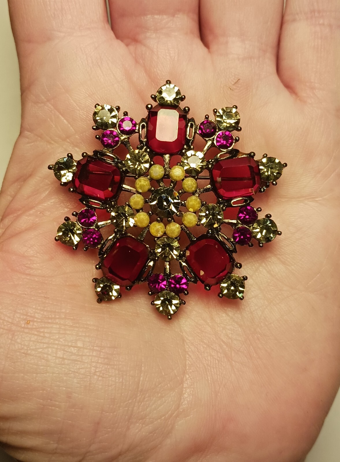 Vintage Brooch Red Square Round Rhinestones Crystal Rhinestones Dark Metal Base