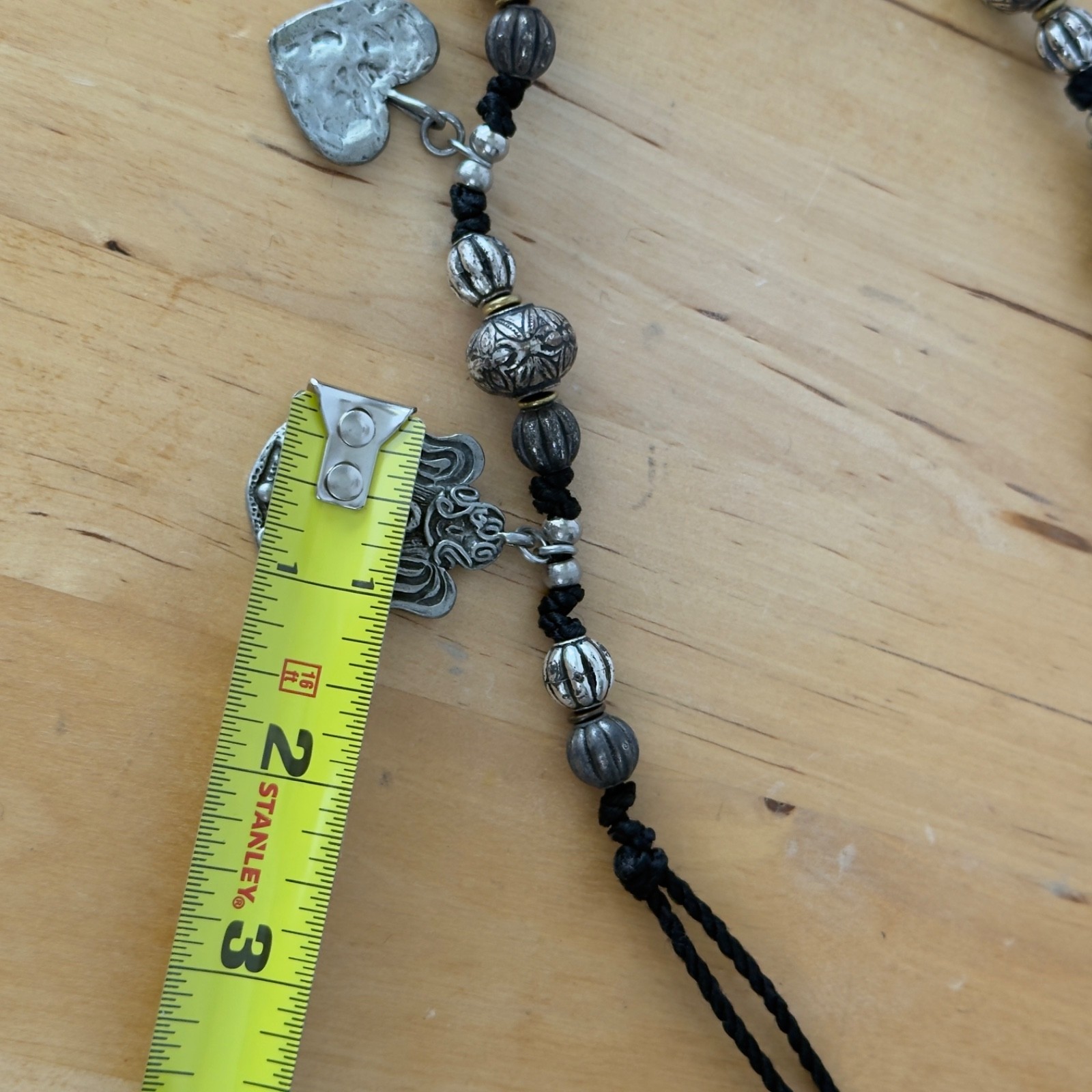 Vintage Signed MARCIE Beaded Pewter 3 Angels Cord Necklace Faith, Hope & Charity
