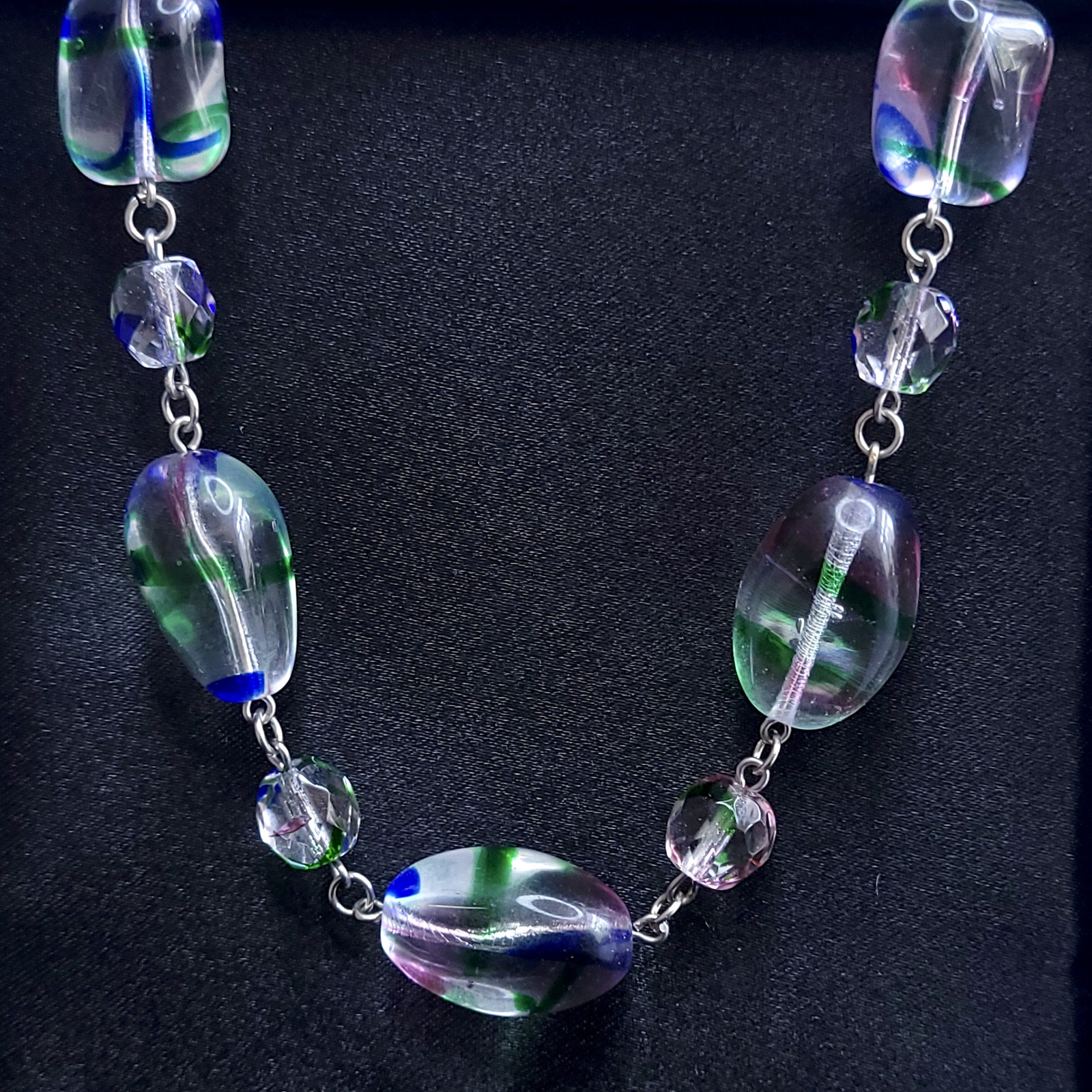 Iris Glass Necklace 24” Multicolor Czech Vintage Beads Women`s Jewelry