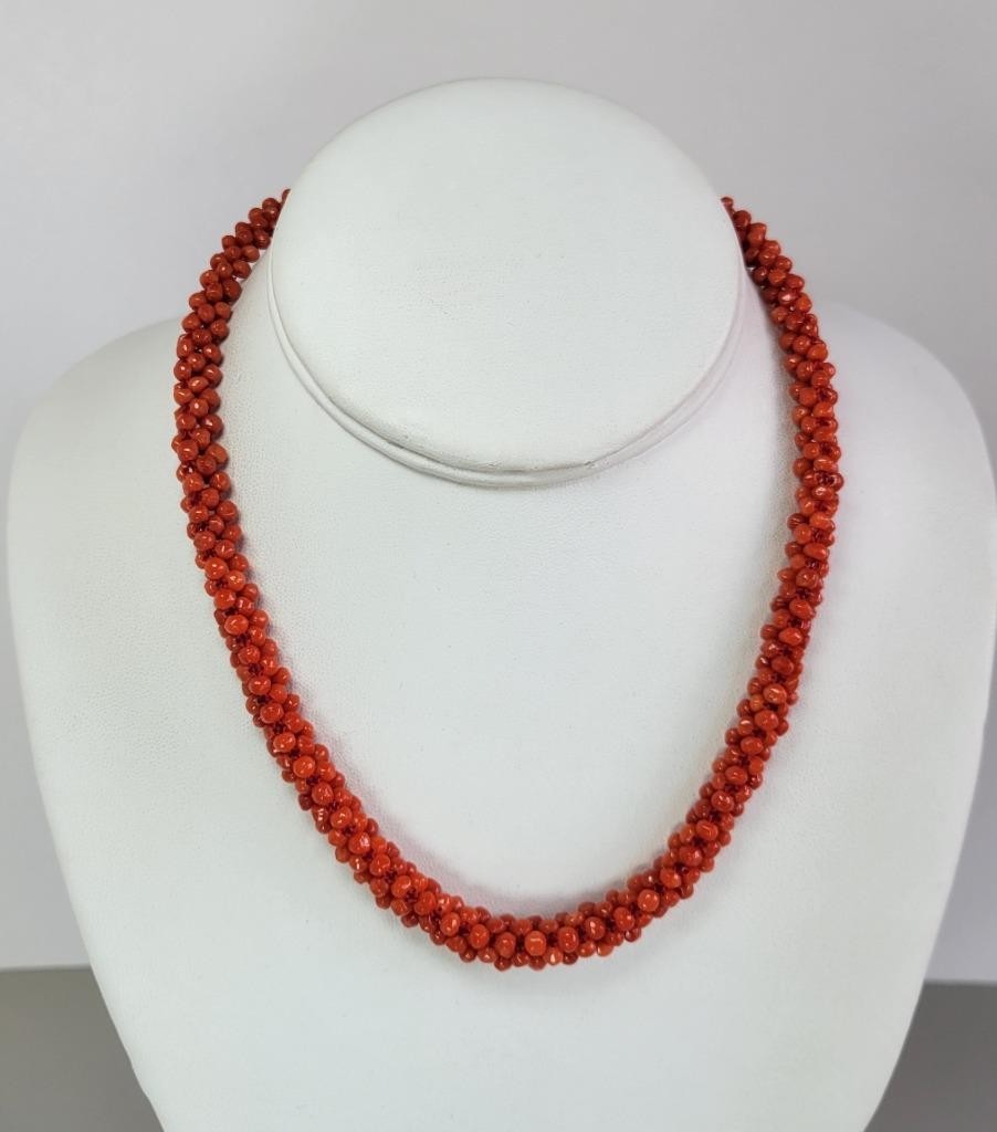 Vintage Necklace + Bracelet Set Braided Red Mediterranean Coral Beads