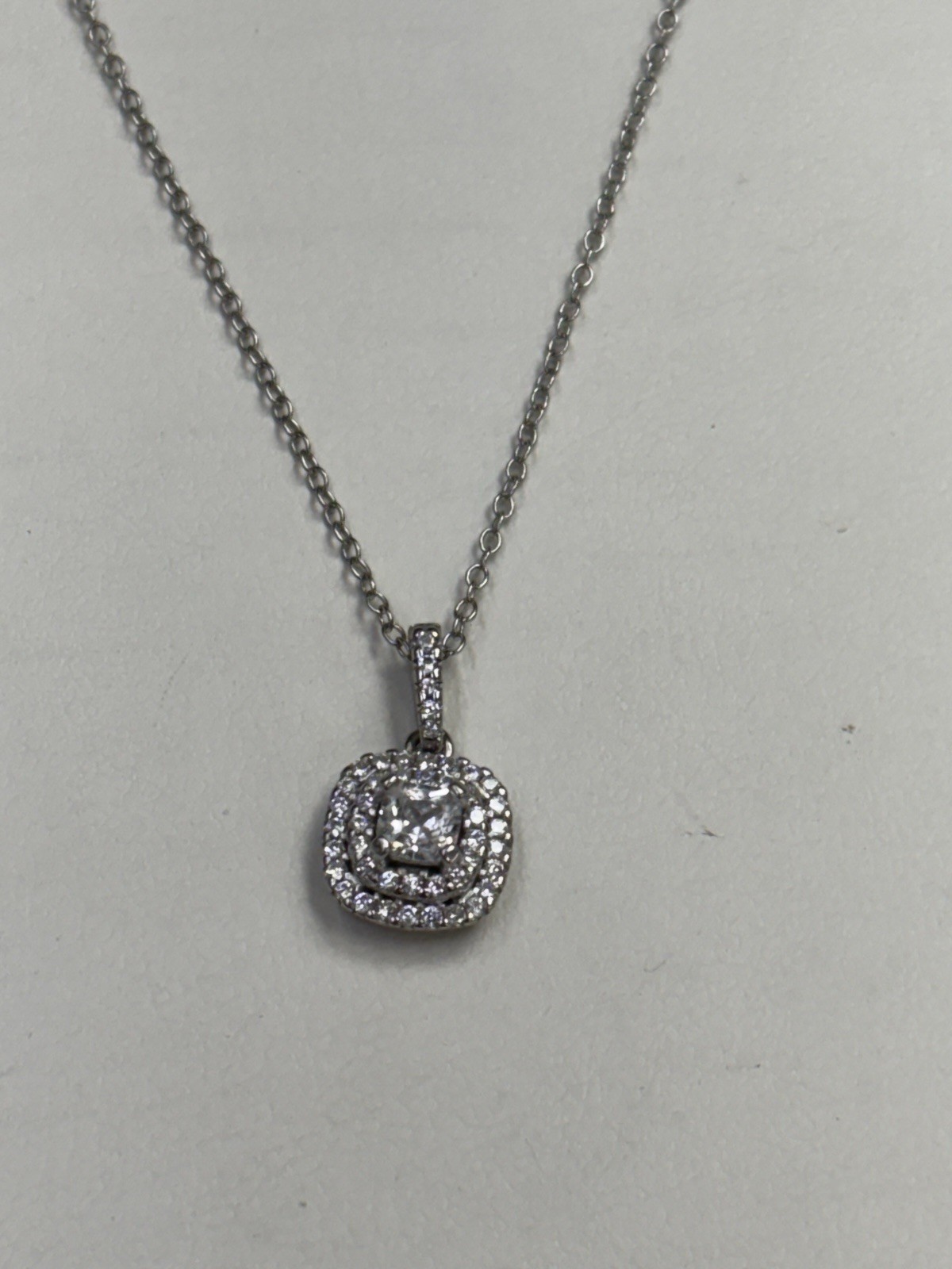 Sterling Cushion Cut CZ Double Halo Style Pendant Necklace 16-18”