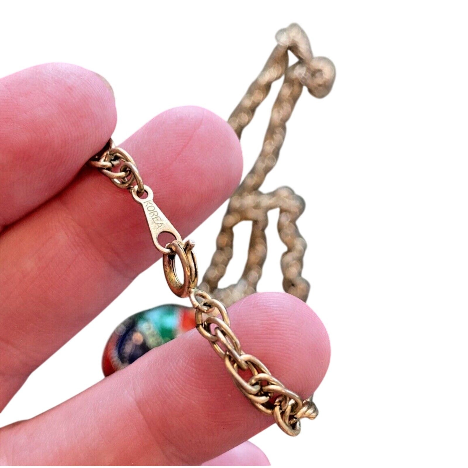 Vintage Chain Necklace Egg Shaped Pendant Unique Gold & Colored Enamel Finish